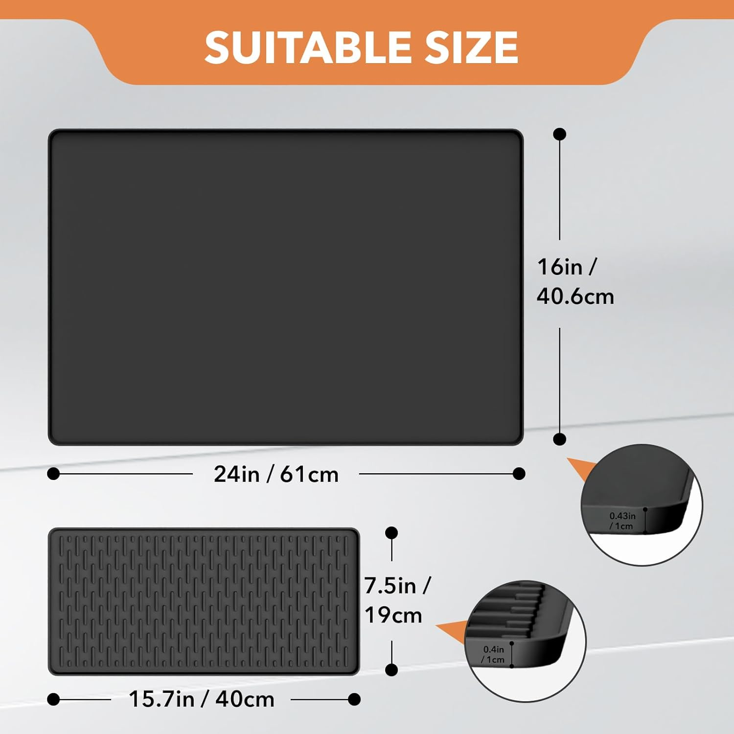 Silicone Coffee Mat with Detachable Dish Drying Mat for Kitchen Countertops, Coffee Bar, Accessories Fit under Coffee Maker Machine Coffee Pot Espresso Machine Dish Rack (Black, 40X60Cm)