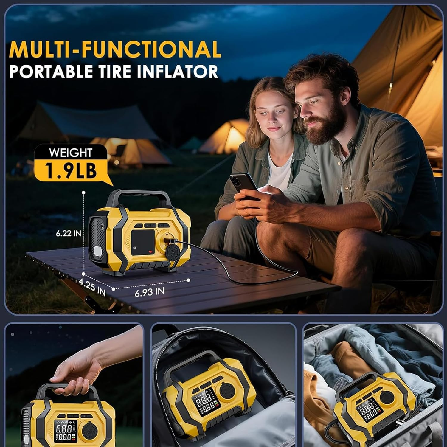 Tire Inflator Portable Air Compressor, 6X Fast 150PSI Air Pump for Car Tires, Cordless Car Motorcycle Balls Bike Pump, Tire Inflator Pressure Gauge, 12V Auto Shut-Off Tire Pump (Black) image number 4