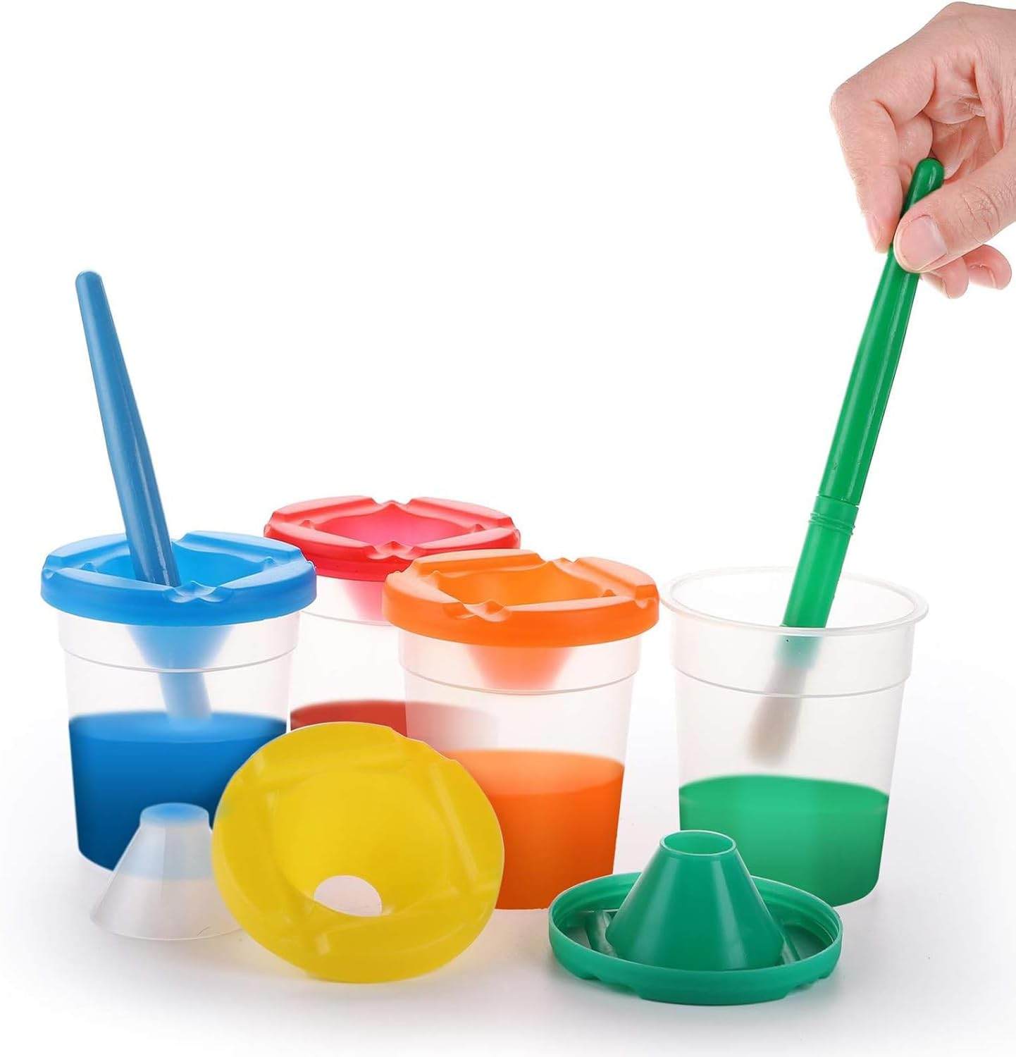 4 Pieces Assorted Colored Children'S Paintbrushes Spill Proof Paint Cups and Paint Brushes For image number 2