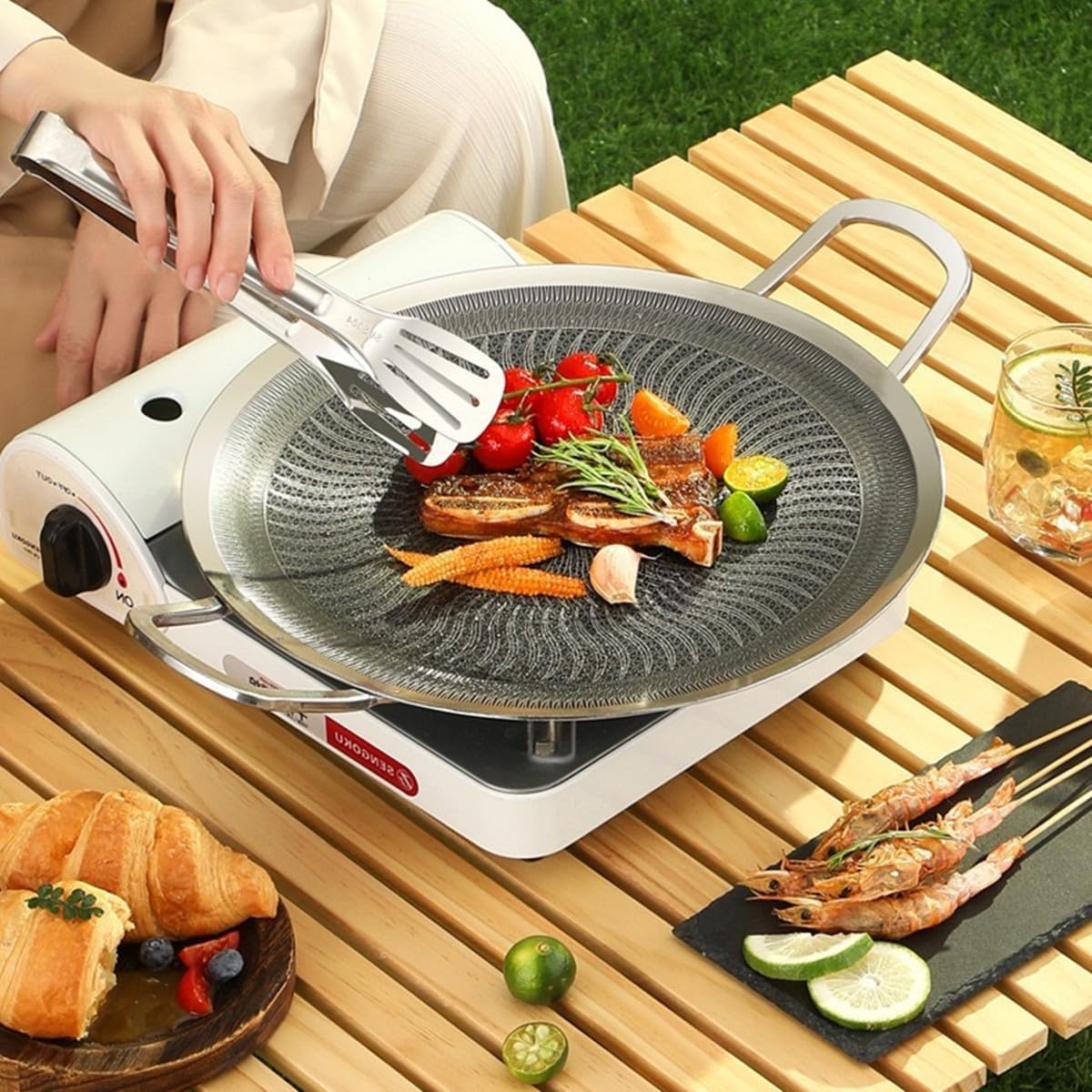 DDMMQS Stainless Steel Outdoor Baking Tray, Non Stick Coating, 13.38 Inch Circular Barbecue Pan, Suitable for Induction Cookers, Gas Stoves, Electric Stoves, Indoor or Outdoor Barbecue image number 2
