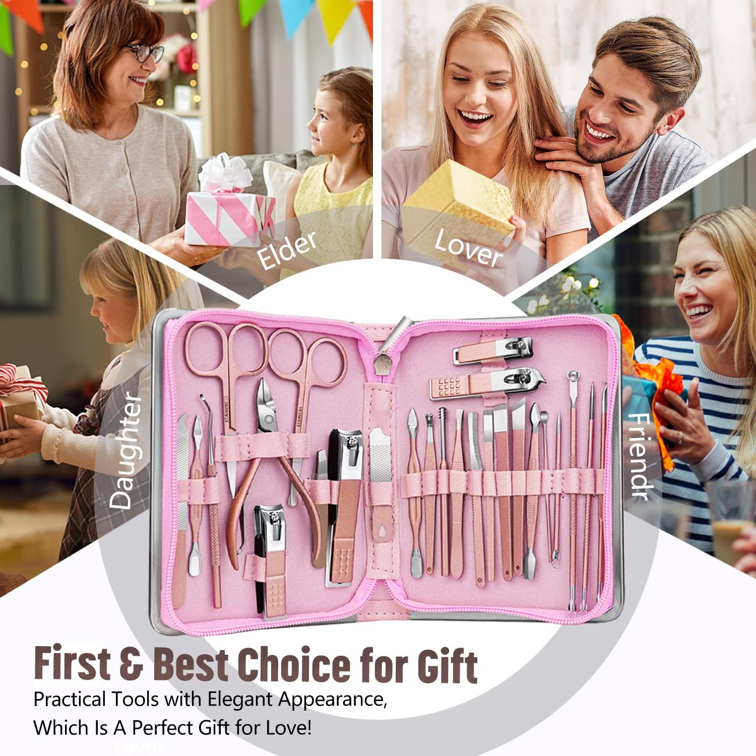 Professional Manicure Kit - 26 in 1 Pedicure Kit with Nail Clippers, Stainless Steel Nail Care Set for Women - Pink - Black image number 6