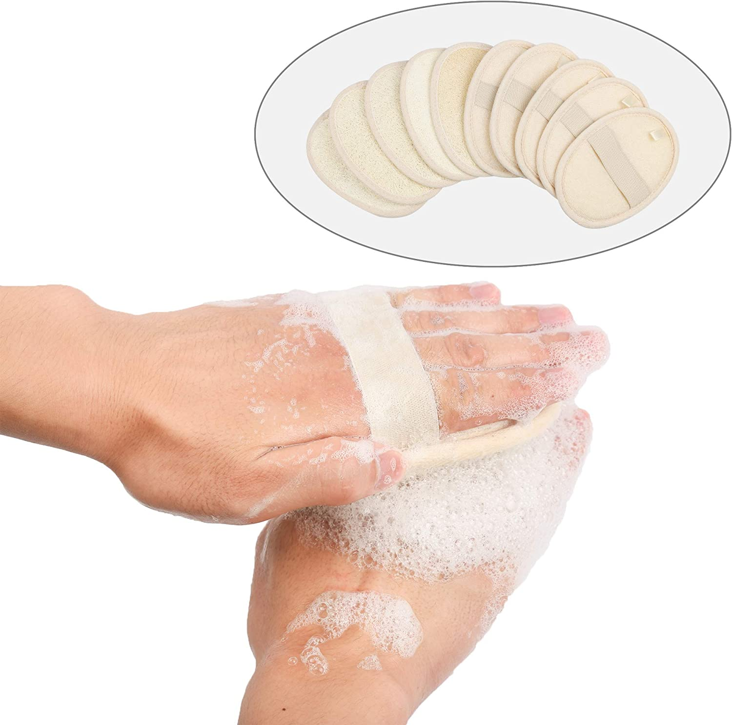 10-Pack Exfoliating Loofah Sponge Pads - Natural Luffa & Terry Cloth, Body Scrubbers for Shower & Bath Mooerca image number 1