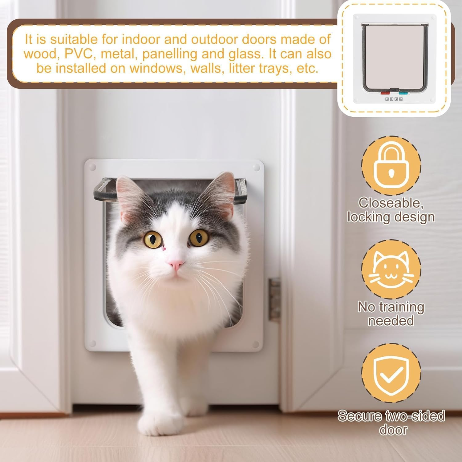 Aymxcls Cat Door Safety Pet Sliding Door with 4 Way Lock, Weatherproof Cat Flap for Interior Exterior Door Window Wall image number 2