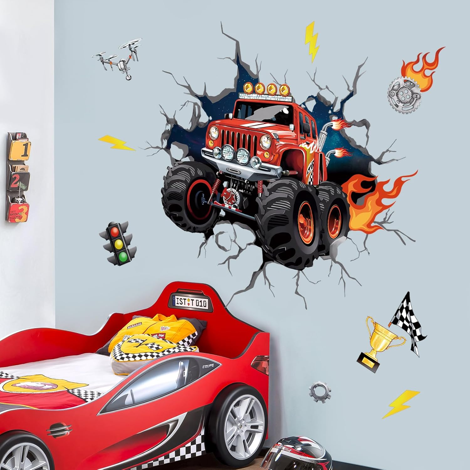 Wondever 3D Racing Car Wall Stickers Break through Running Car Truck Peel and Stick Wall Art Decals for Kids Bedroom Boys Room Playroom - B image number 2