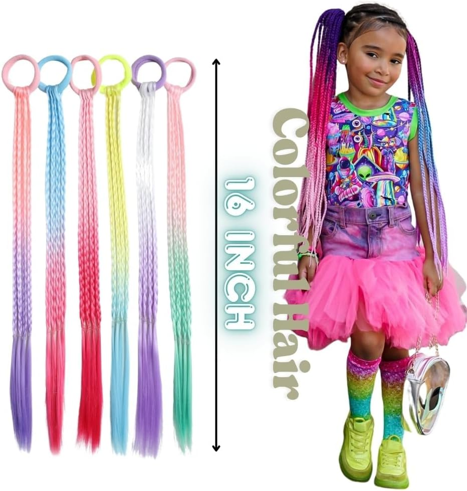 Colorful Wig Braid Head Rope, 12Pcs Coloured Hair Extensions with Hair Clips, Rainbow Braided Kids Hair Extensions, Colored Braids Hairs Extension with Rubber Bands image number 1