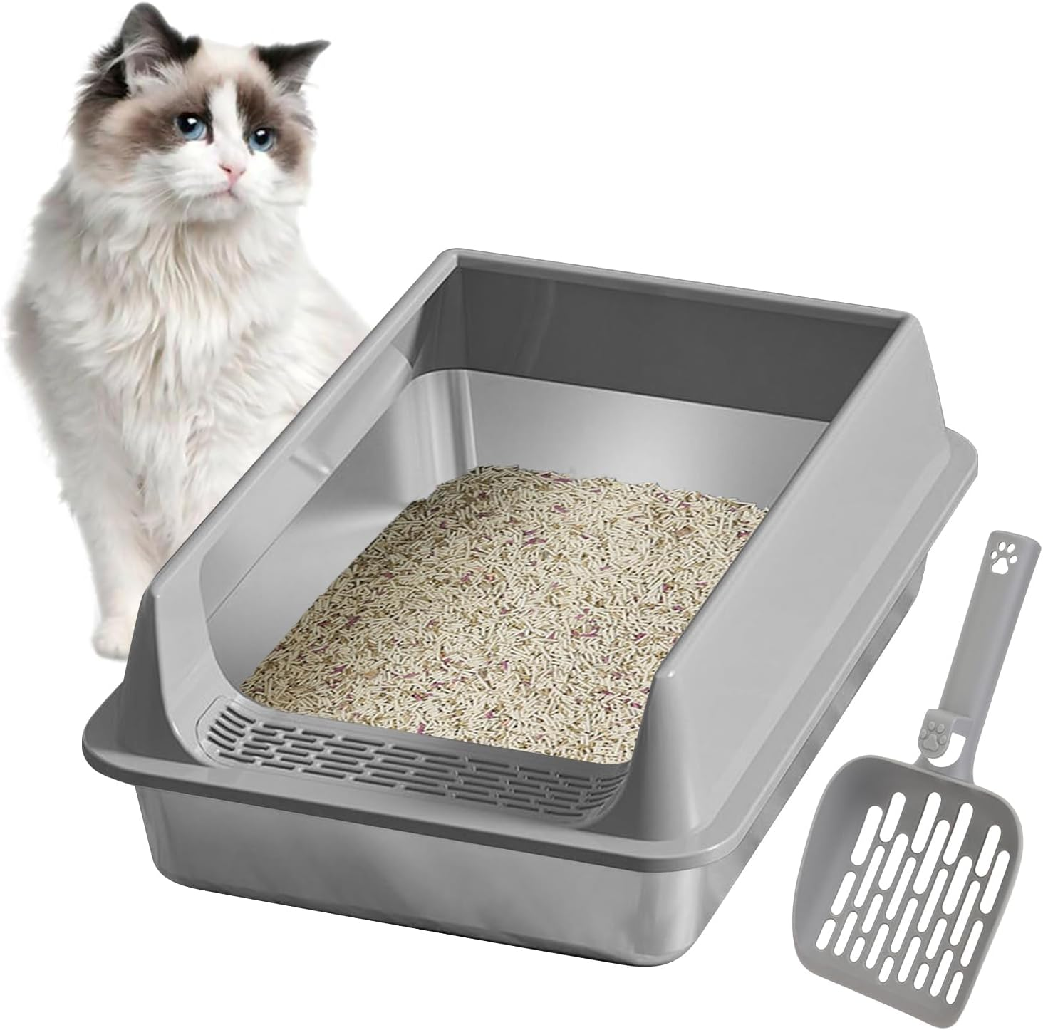 Lmyit Cat Litter Box - Stainless Steel Kitten Litter Box Splash-Proof with Scoop,Non-Stick Pet Accessories for Large Medium Small Cat Apartment Garden Balcony Terrace