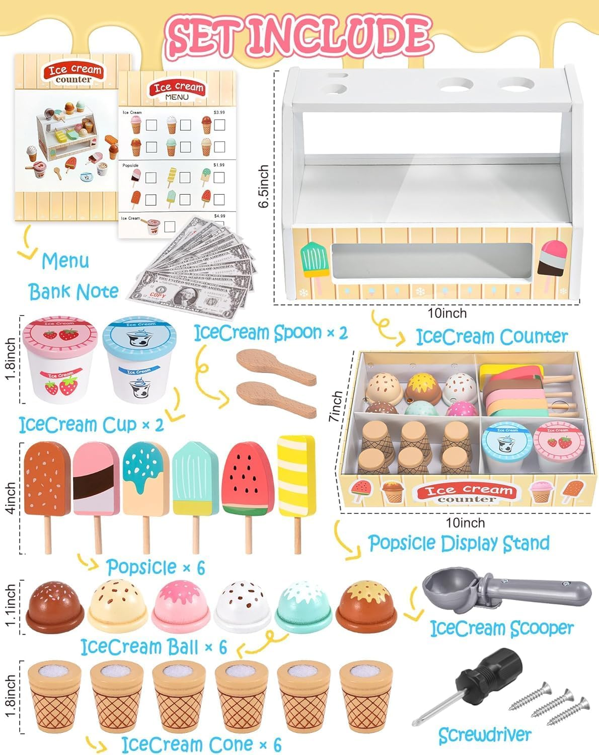 Wooden Ice Cream Toys Kids Pretend Play Store Toys for Toddlers Girls 3-5, Play Kitchen Accessories with Counter & Menu, Wooden Food Christmas Birthday Gifts for 3 4 5 Year Old Girls Boys image number 5