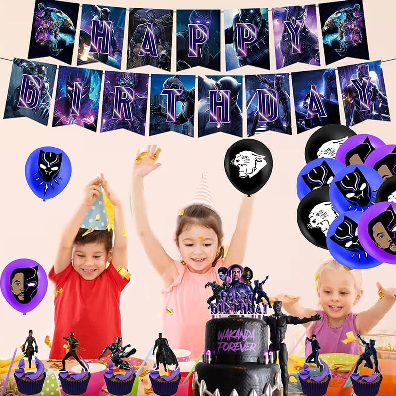 Dinoeye Black Panther Birthday Party Supplies: 18Pcs Balloons, 13Pcs Cake Decorations, 1Pc Banner image number 1