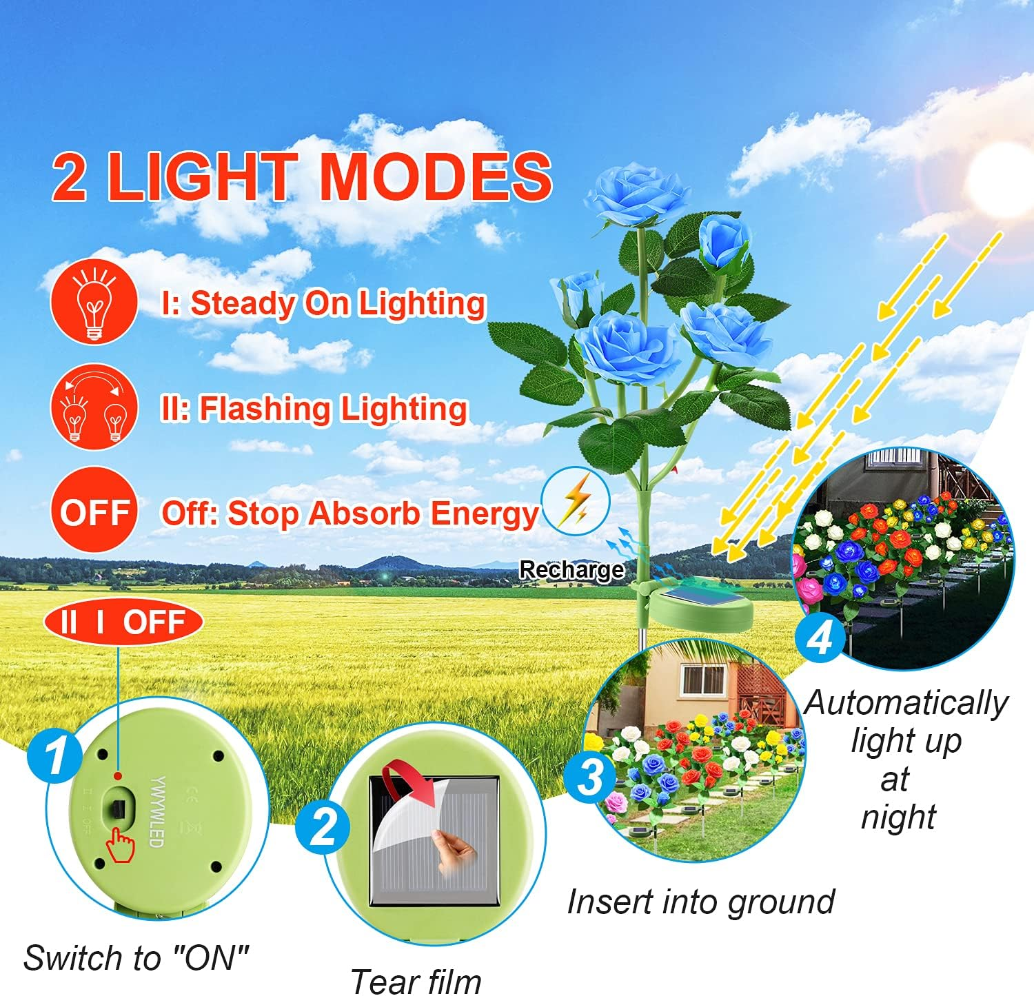 YWYWLED Solar Flower Lights Outdoor - Upgraded New Material Two Modes Realistic LED Solar Powered Waterproof Lights with 5 Roses, Solar Decorative Stake Lights for Garden (Blue, 2 Pack) image number 1