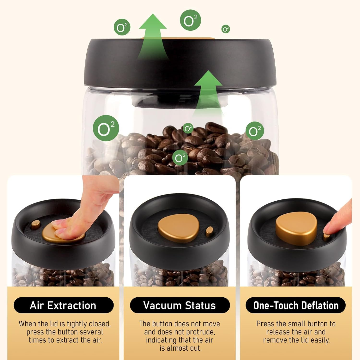 Coffee Storage Container Vacuum Seal for Jars, Glass Kitchen Storage Jars, Coffee Canisters with Airtight Lid Seal, Food Storage Containers - Perfect for Coffee Beans, Tea, Sugar (1200Ml)