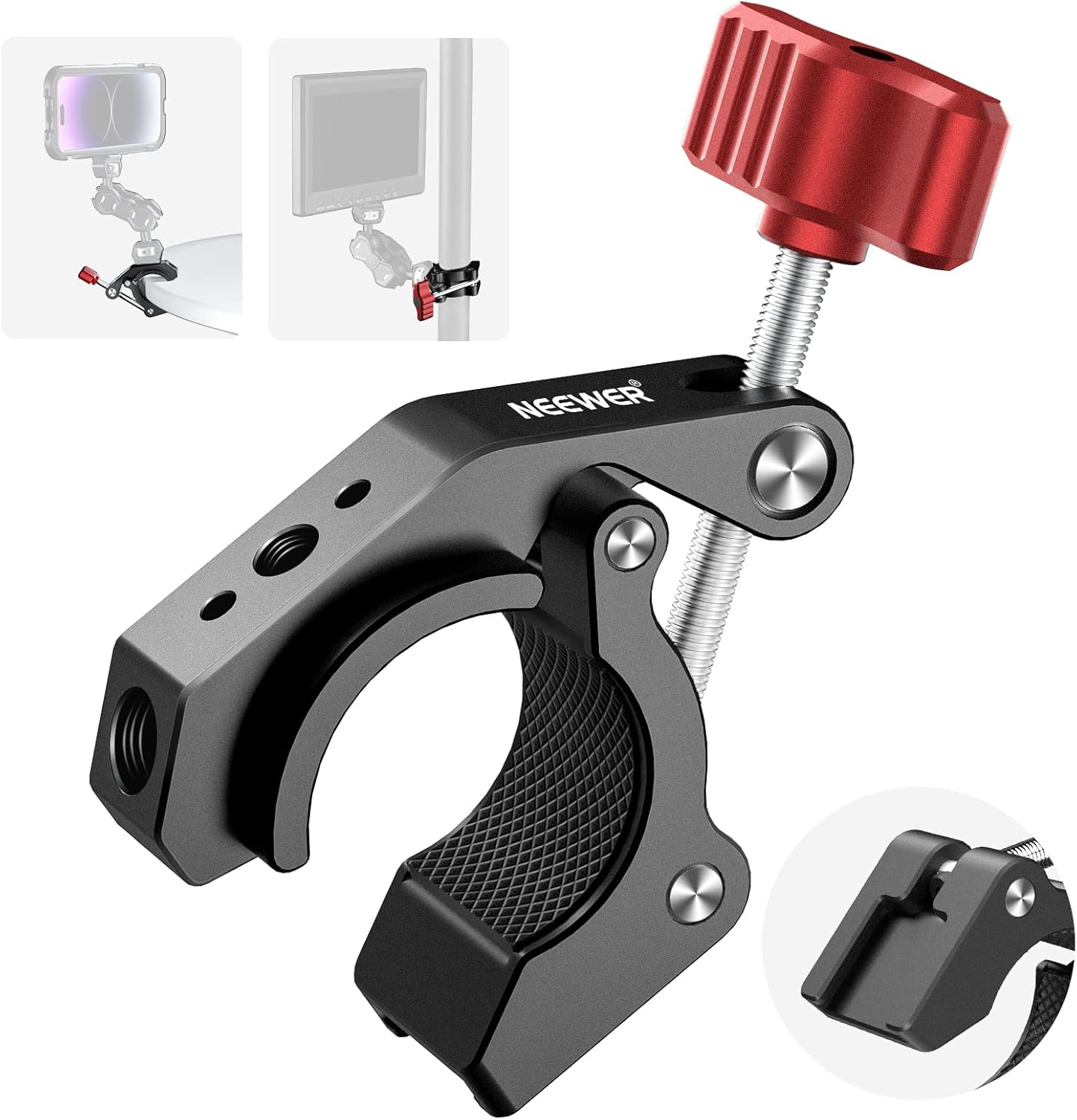 NEEWER Super Clamp with Cold Shoe and 1/4" 3/8" Threaded Holes, Max Load 4.4Lb/2Kg, Crab Shaped Camera Clamp Mount for Most Photography Accessories, Compatible with Smallrig Magic Arms, ST81