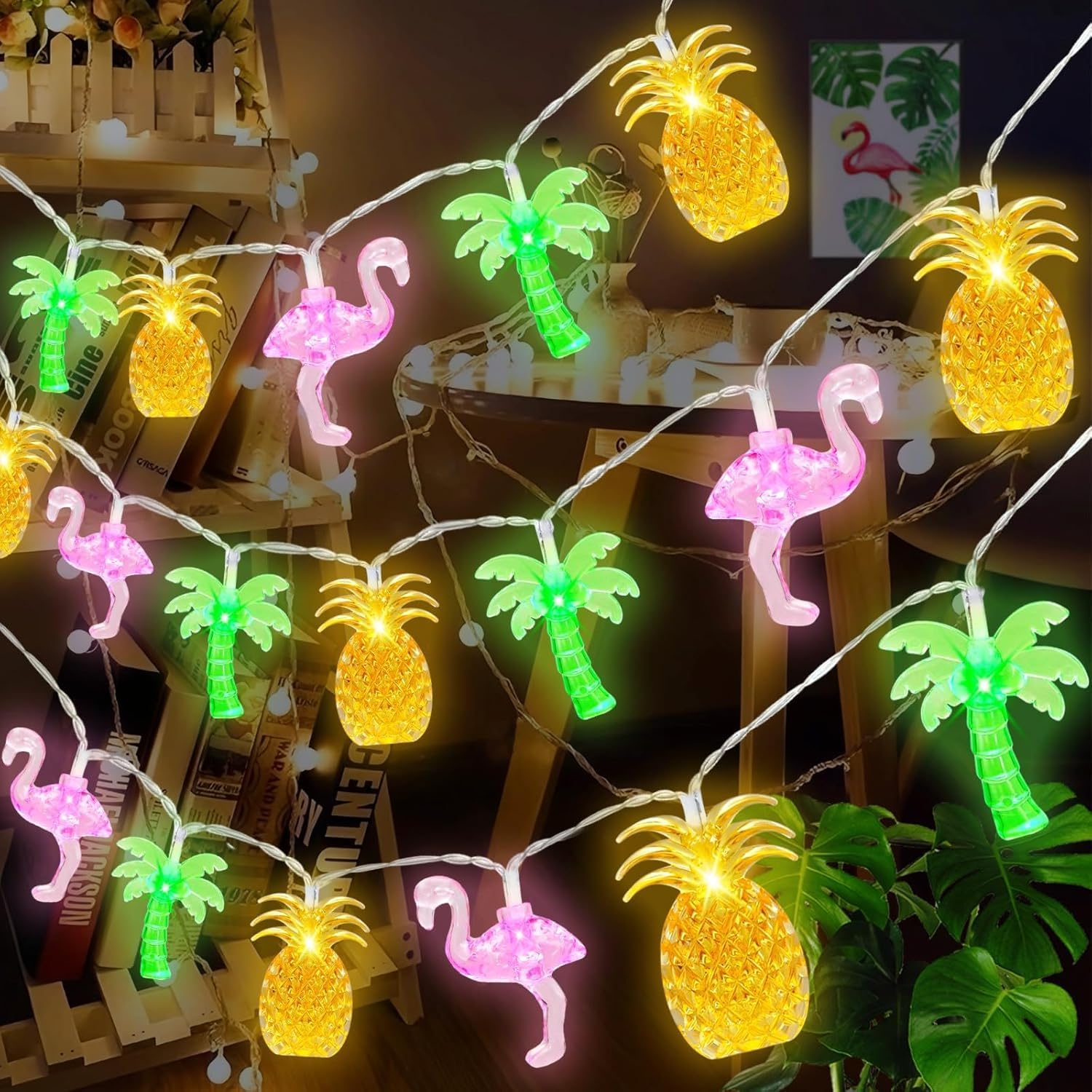 Foanlerck 3 M 20 LED Fairy Lights with Pineapple Flamingo Palm Trees Fairy Lights Bedroom Decoration, Battery Operated, Fairy Lights for Summer Party Decoration Beach Tropical Party Decoration image number 2