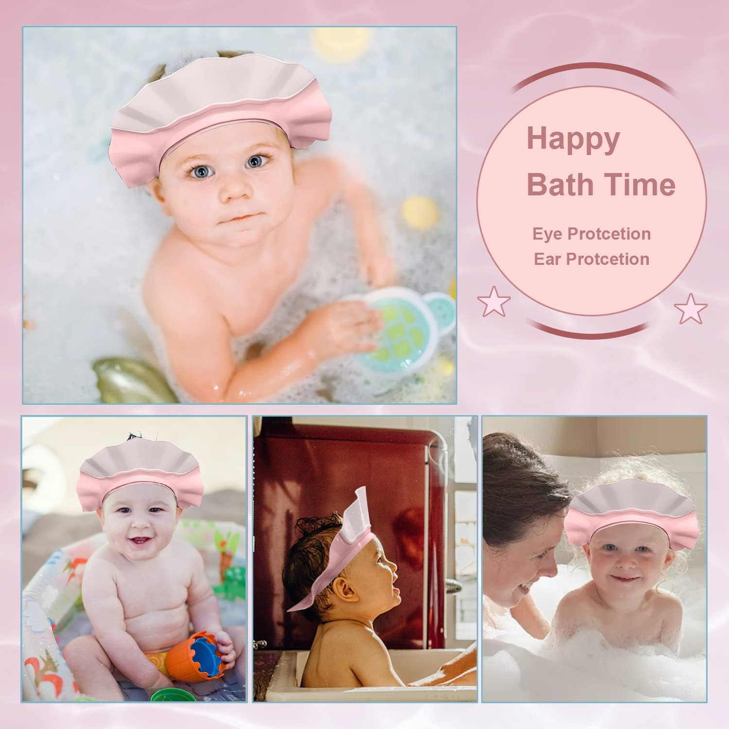 Baby Shower Shampoo Cap, Adjustable Baby Hair Washing Guard Shampoo Hat Bath Shield Visor Hat Eyes Ears Head Protection Waterproof Soft Silicone Shower Cap for Kids, Toddler, Girls, Boys, White Pink