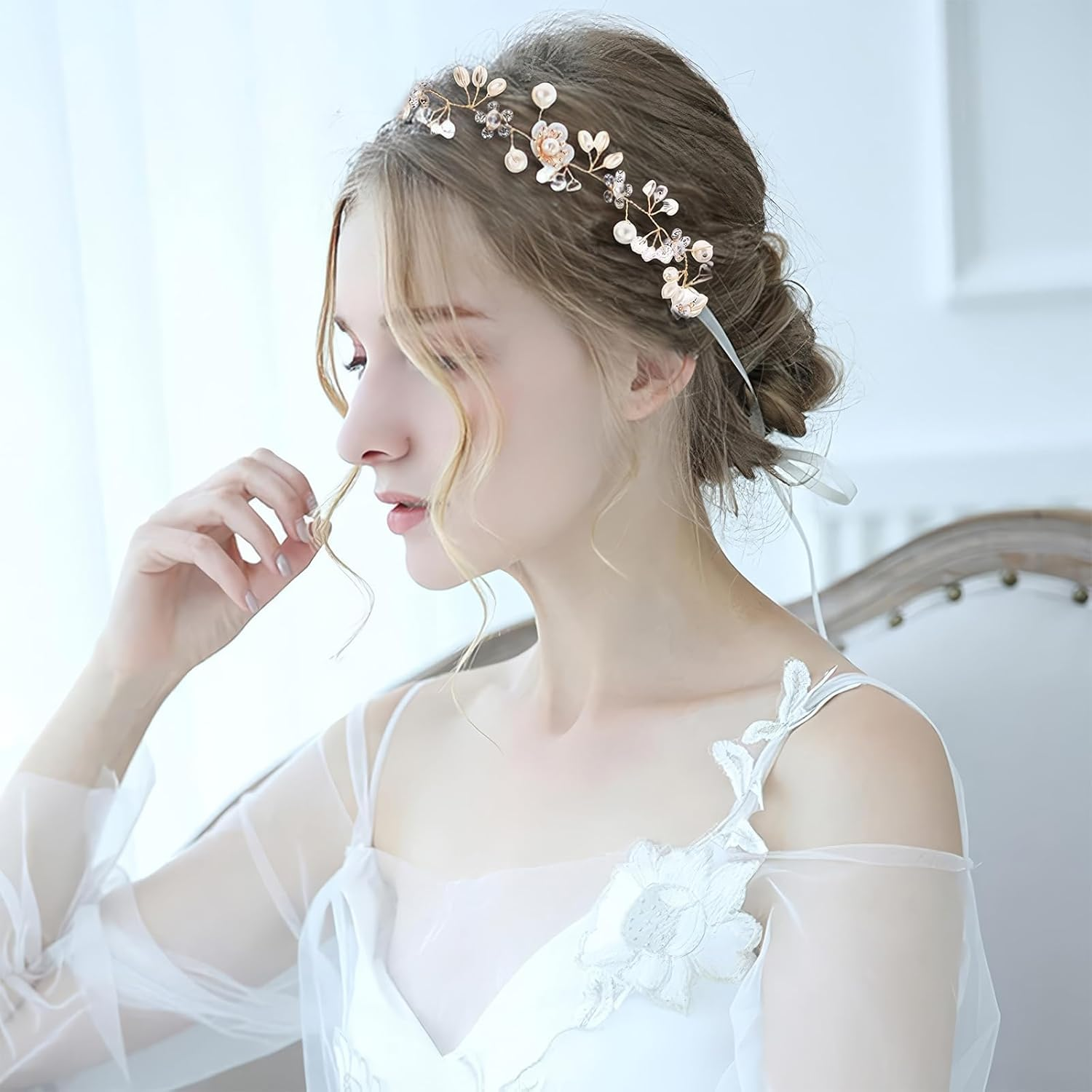 DHWEKU Bridal Hair Band Silver Crystal Flashing Bridal Hair Accessories Handmade Vintage Bridal Headband Bridal Wedding Accessories Party (White) image number 6