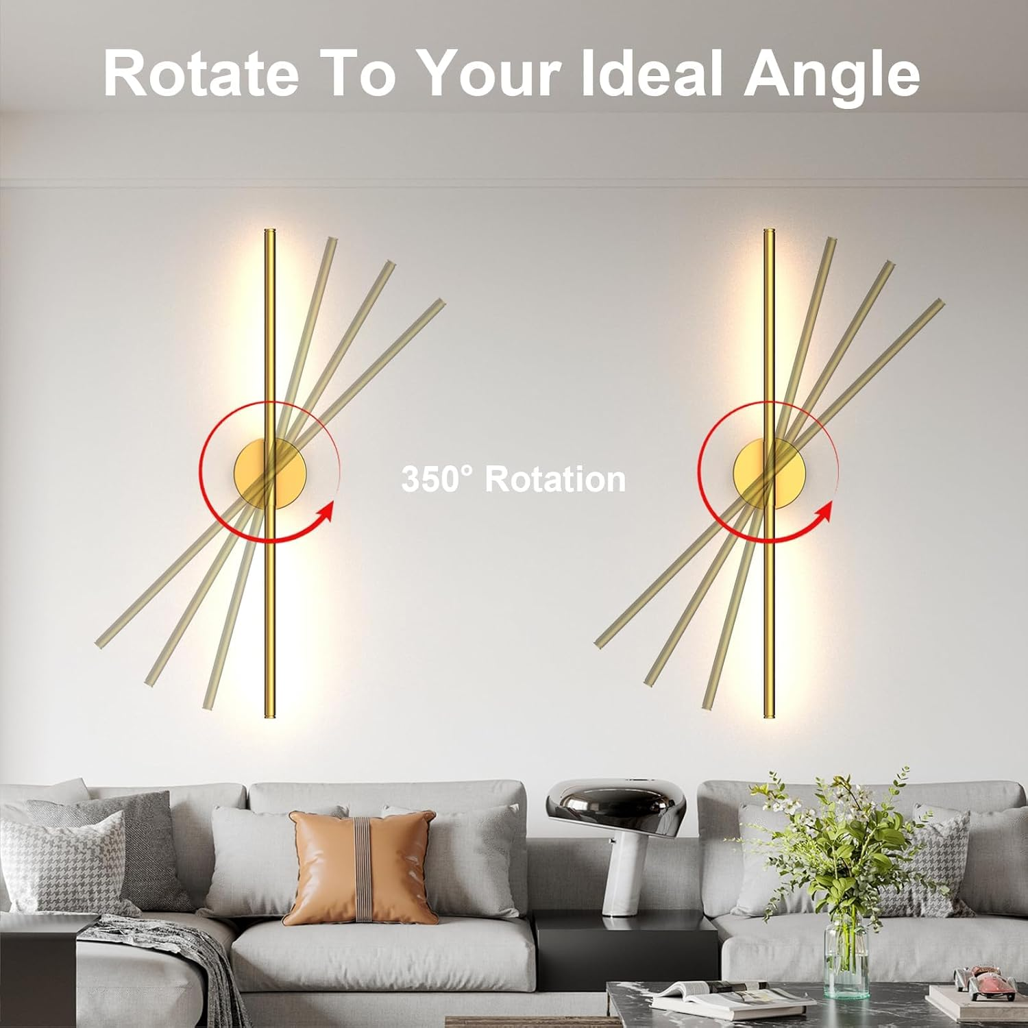 Battery Operated Wall Sconces with Remote Control,Wall Sconces Set of 2,3000K-6000K LED Wireless Wall Light for Bedroom, Hallway, Wall, 360&deg;Rotate,28.3 Inch, 2 Pack Gold round Base image number 1