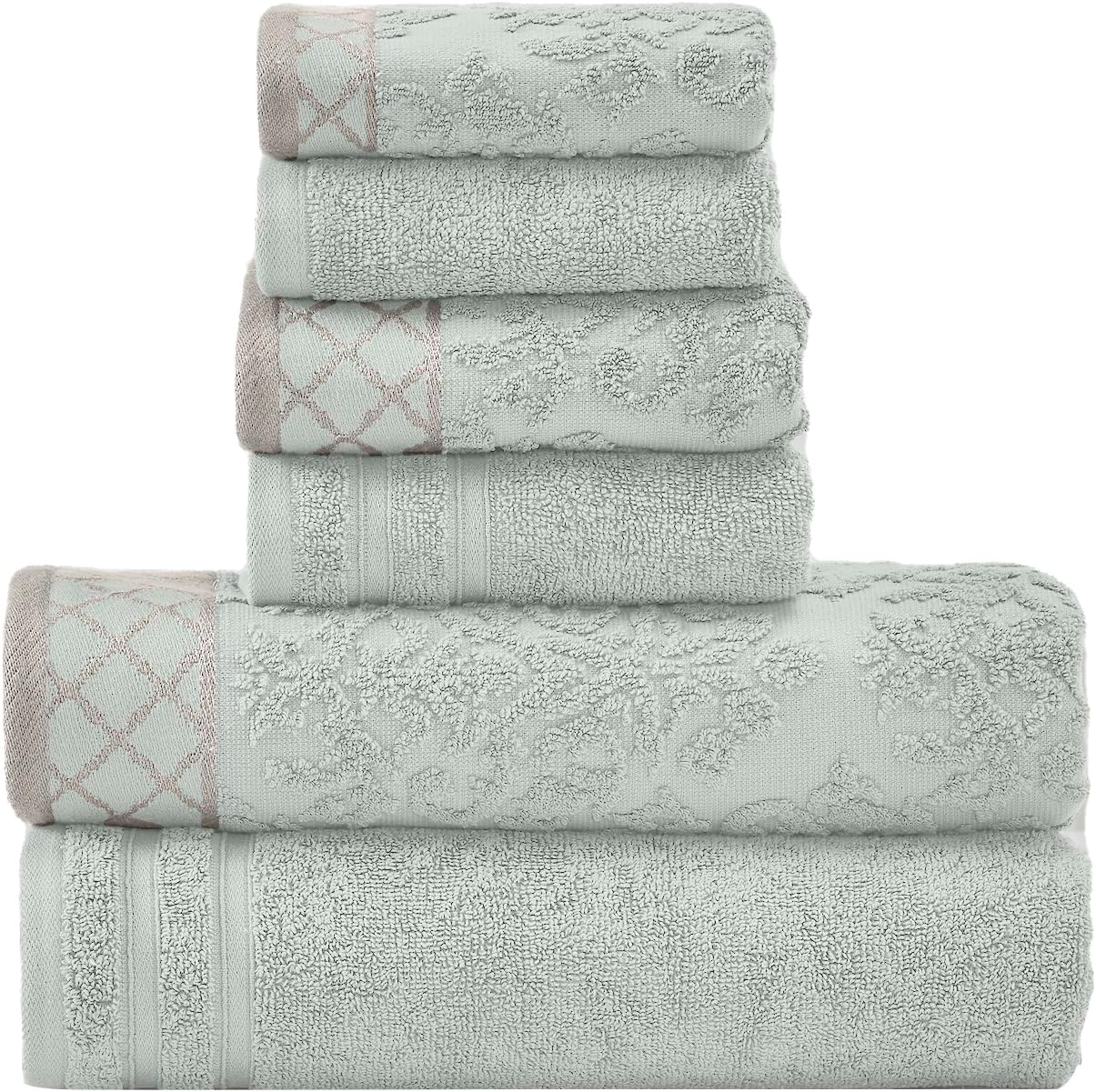 Modern Threads 6-Piece Damask Jacquard/Solid Ultra Soft 550GSM 100% Combed Cotton Towel Set with Embellished Borders [Sage]