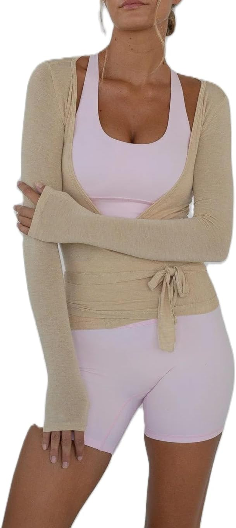 Pilates Wrap Tie Shirt Tops for Women Long Sleeve Ballet Tie Top Dance Ballerina Cover up Top Yoga Workout Blouse image number 2