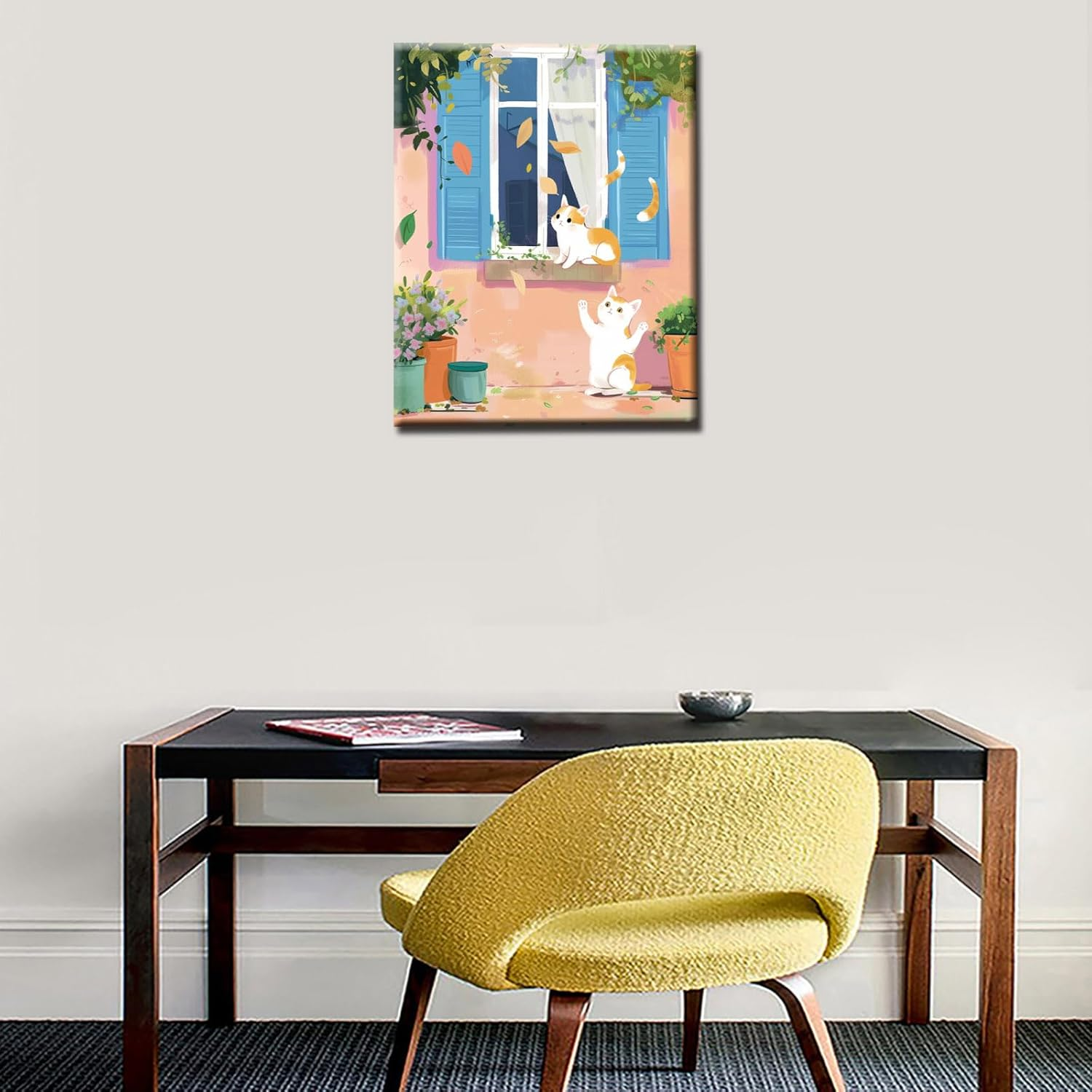 Two White Cats Painting Cute Animal Pet Paint by Number Kits 16 X 20 Inch Blue Window ,Flowers Digital Canvas DIY Oil Acrylic Painting for Kids Adults Beginner with Brushes Nordics Gift(Diy Frame) image number 2