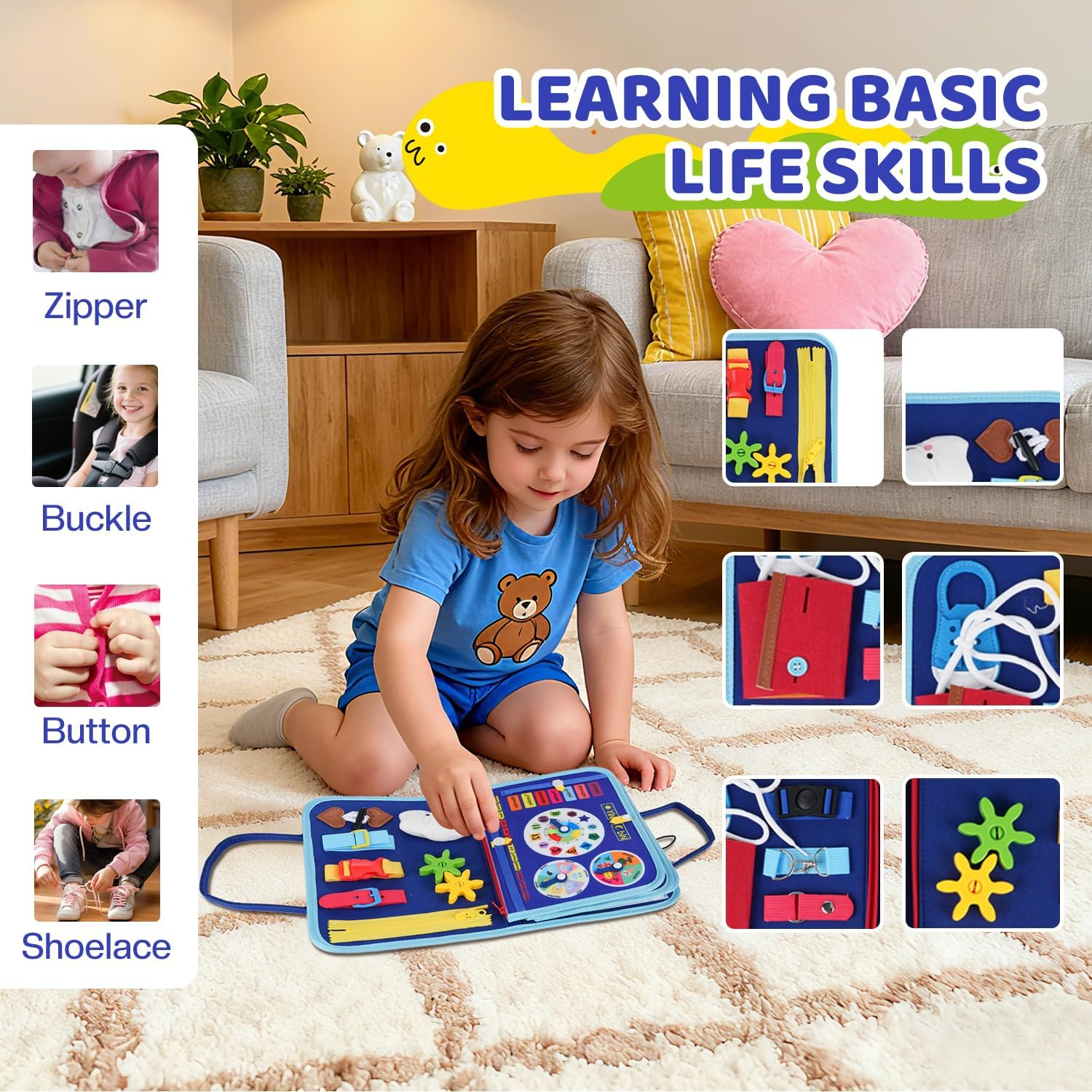 Xkimos Busy Board, Toddler Busy Board Montessori, Toddler Sensory Toys Preschool Educational Busy Book Travel for Toddlers 3 4 5 Year Old Girls Boys Plane Car Activities Baby Quiet Book (Blue) image number 5