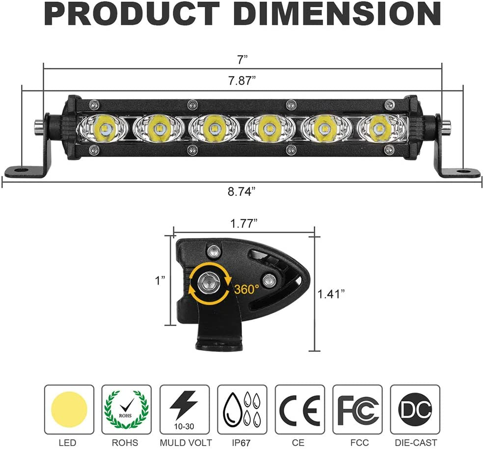 7 Inch Single Row Led Light Bar Pods - Ultra-Slim 60W 10000 Lumens Waterproof Driving Fog Light Combo Flood Spot Lights for Trucks off Road ATV UTV SUV Boat 2-Pack image number 3