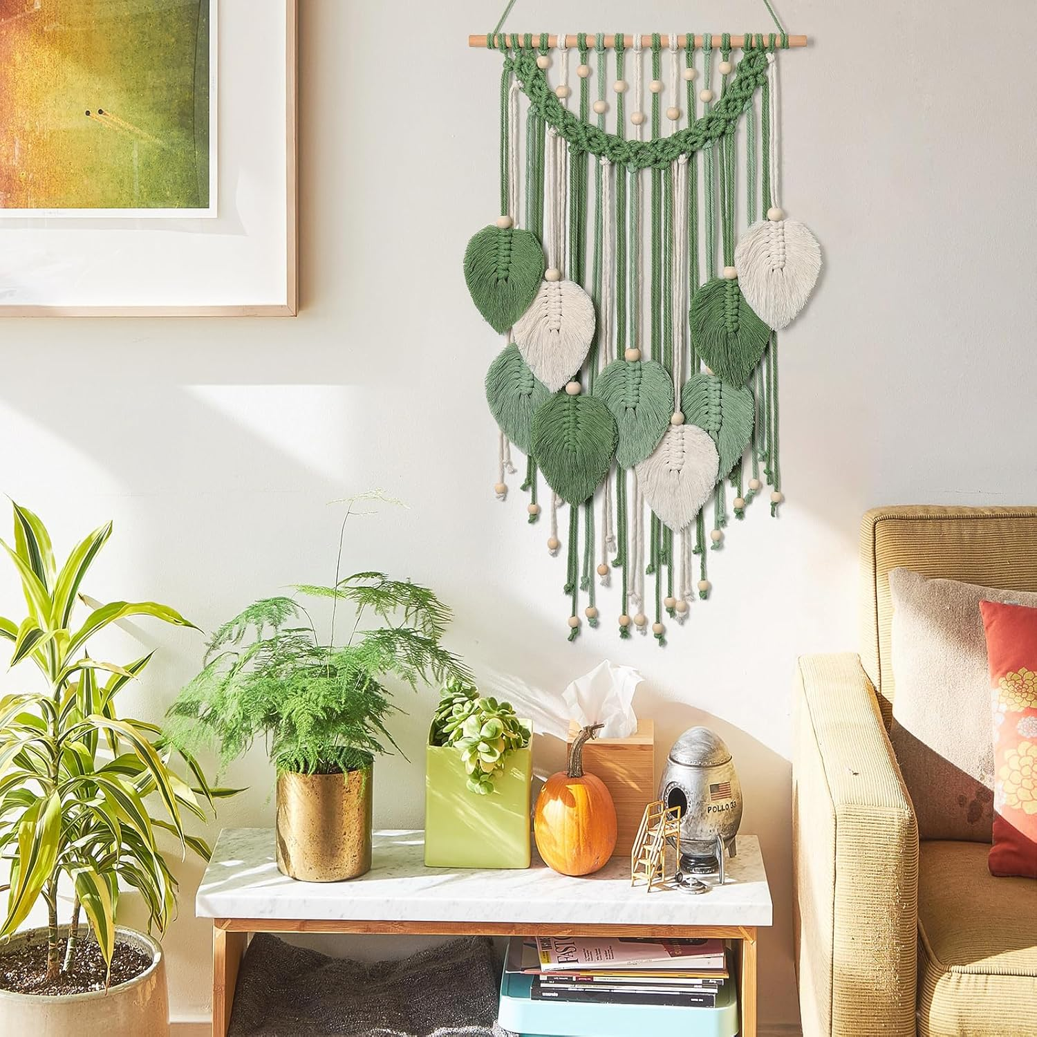 Weldomcor Macrame Wall Hanging Boho Leaf Woven Tapestry, Bohemian Chic Home Decor Modern Handmade Leaves Feather Wall Art Decorations for Bedroom Living Room Apartment Ornament (Green) image number 6