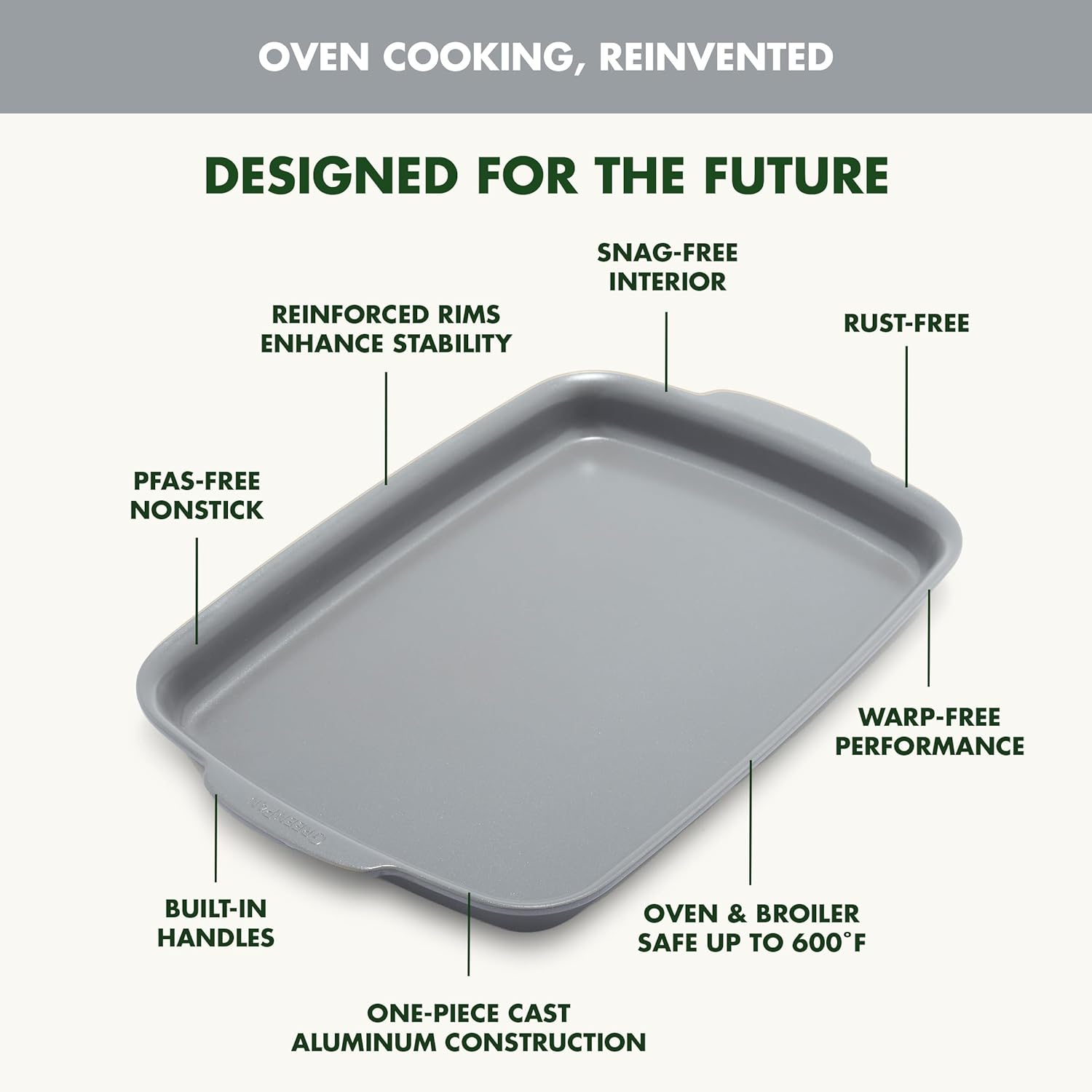 Greenpan Premiere Ovenware Healthy Ceramic Nonstick 13" X 9" Quarter Sheet Baking Pan, Cast Aluminum Bakeware, Warp-Free, Broiler Safe to 600F,Dishwasher Safe,Pfas-Free, Gray image number 4