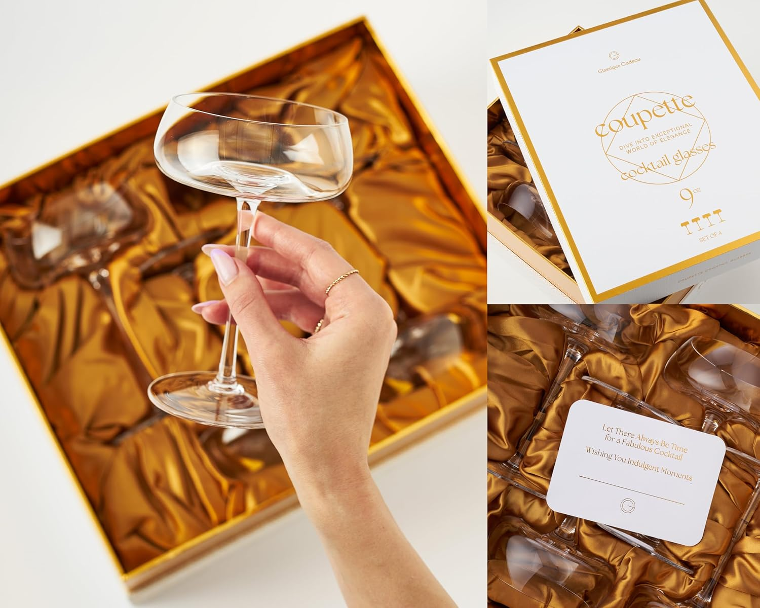 Crystal Cocktail and Champagne Coupette Glasses | Set of 4 | 9 Oz Elegant Long Stemmed Coupe Glassware for Gimlet, Espresso Martini, Daiquiri, Cosmopolitan | Fancy round Saucers image number 5