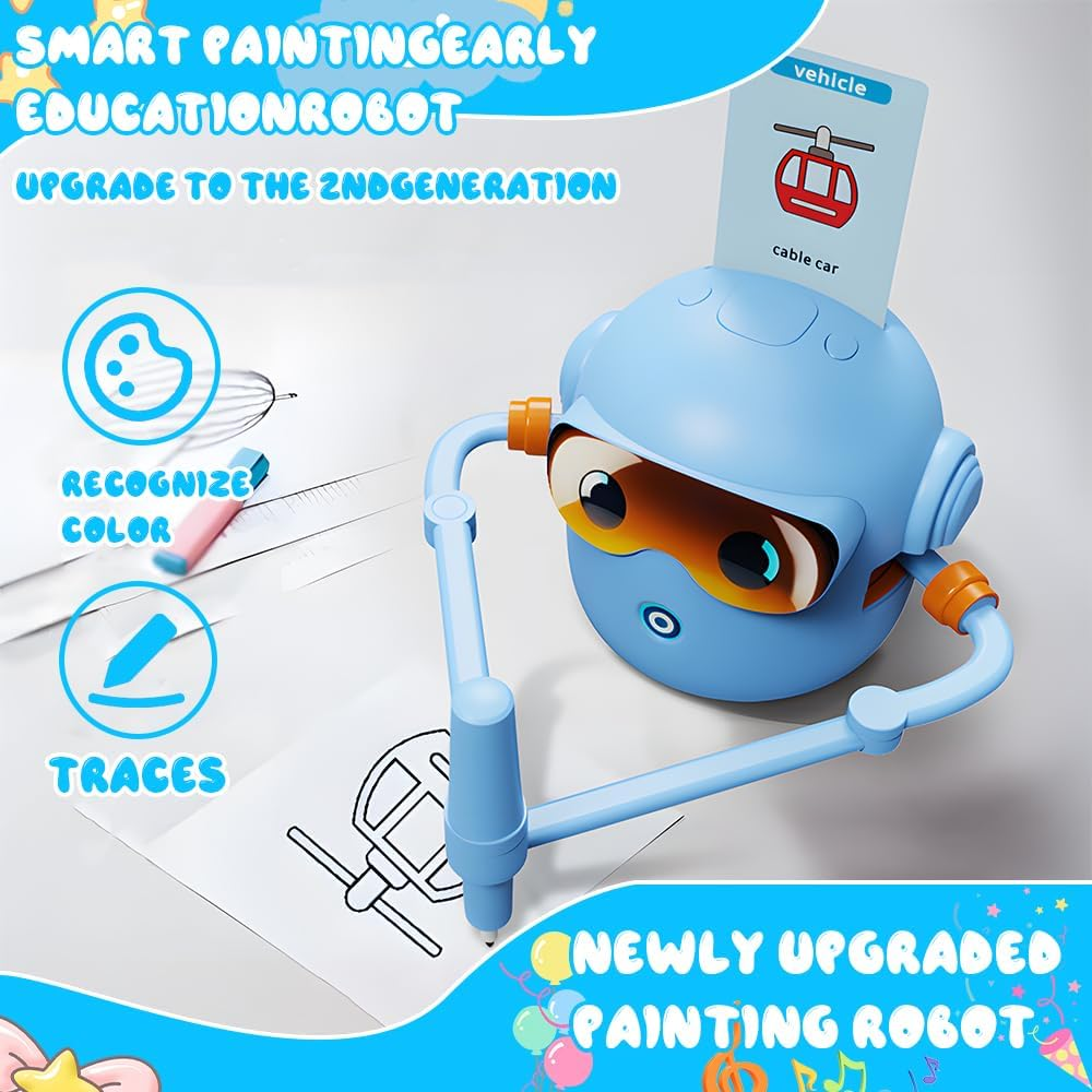 Drawing Robot for Kids,Interactive Educational Drawing Robot for Kids&ndash; Montessori Painting Learning Toys with 100 Word & 22 Pens, Interactive Voice Emo Robots for Boys & Girls Ages 3&ndash;9 (Blue)