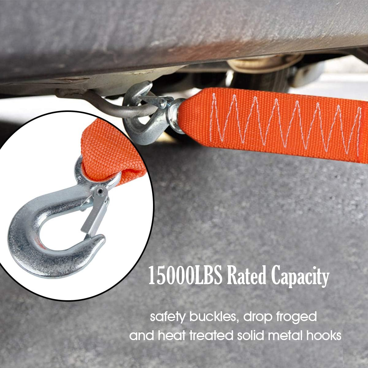 Tow Strap Heavy Duty with Hooks 2" X20' 15,000LB Recovery Strap 6,8 Tons Towing Strap with Safety Hooks Polyester image number 2