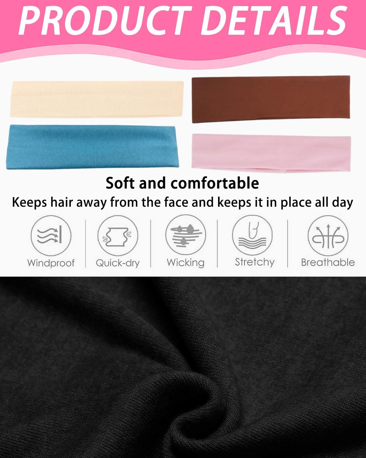 JUKOTA Pack of 5 Hair Bands, 5 Cm Wide Multicoloured Hair Band, Elastic Headband, Non-Slip Headband for Running, Cycling, Fitness, Yoga image number 3