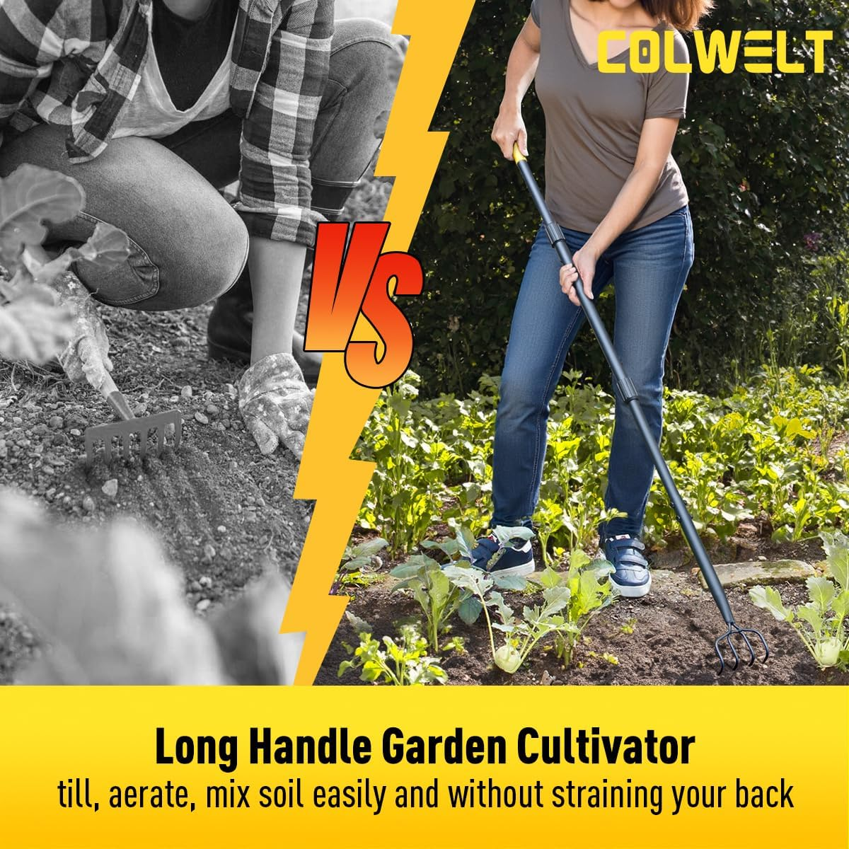 Colwelt 4 Tines Garden Cultivator Rake 59'', Hand Tiller Garden Tool with Sharp Forged Steel Head, Cultivators for Gardening with Long Handle, Garden Tiller for Digging Loosening Weeding image number 5