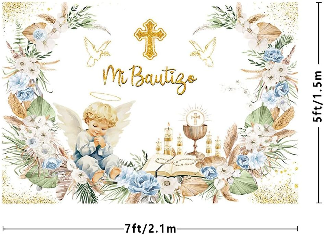 MEHOFOND 2.1 X 1.5 M Boy Christening Decoration Background Mi Bautigo Cross Bohemian Flower Photography Background First Communion Church Christening Party Decoration Banner Studio Supplies image number 4
