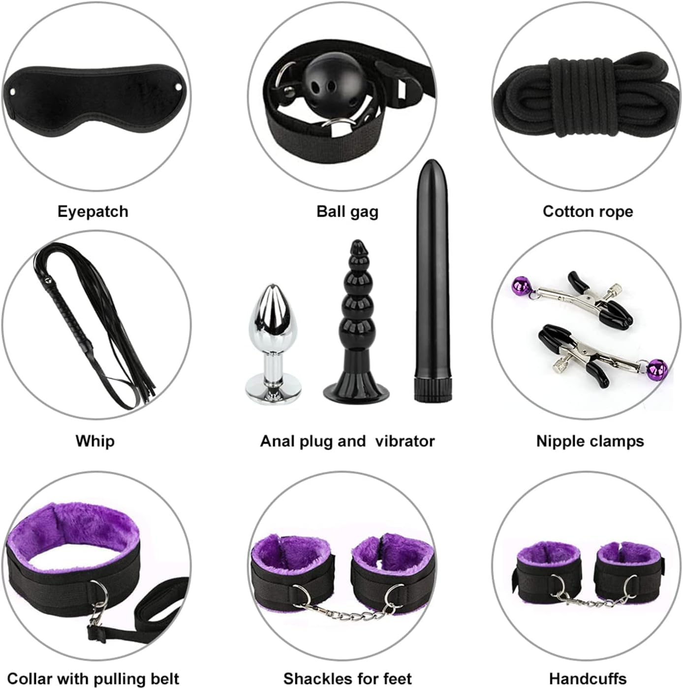 11PCS Bondage Set Erotic Suit Sex Bondage Toys for Couples Bed Restraints Set Adjustable Neck and Leg Cuffs Kit Sexy Swing Sex Restraintants Set with Anal Plug Trainer Kit (Red) (Purple) - Pink image number 4