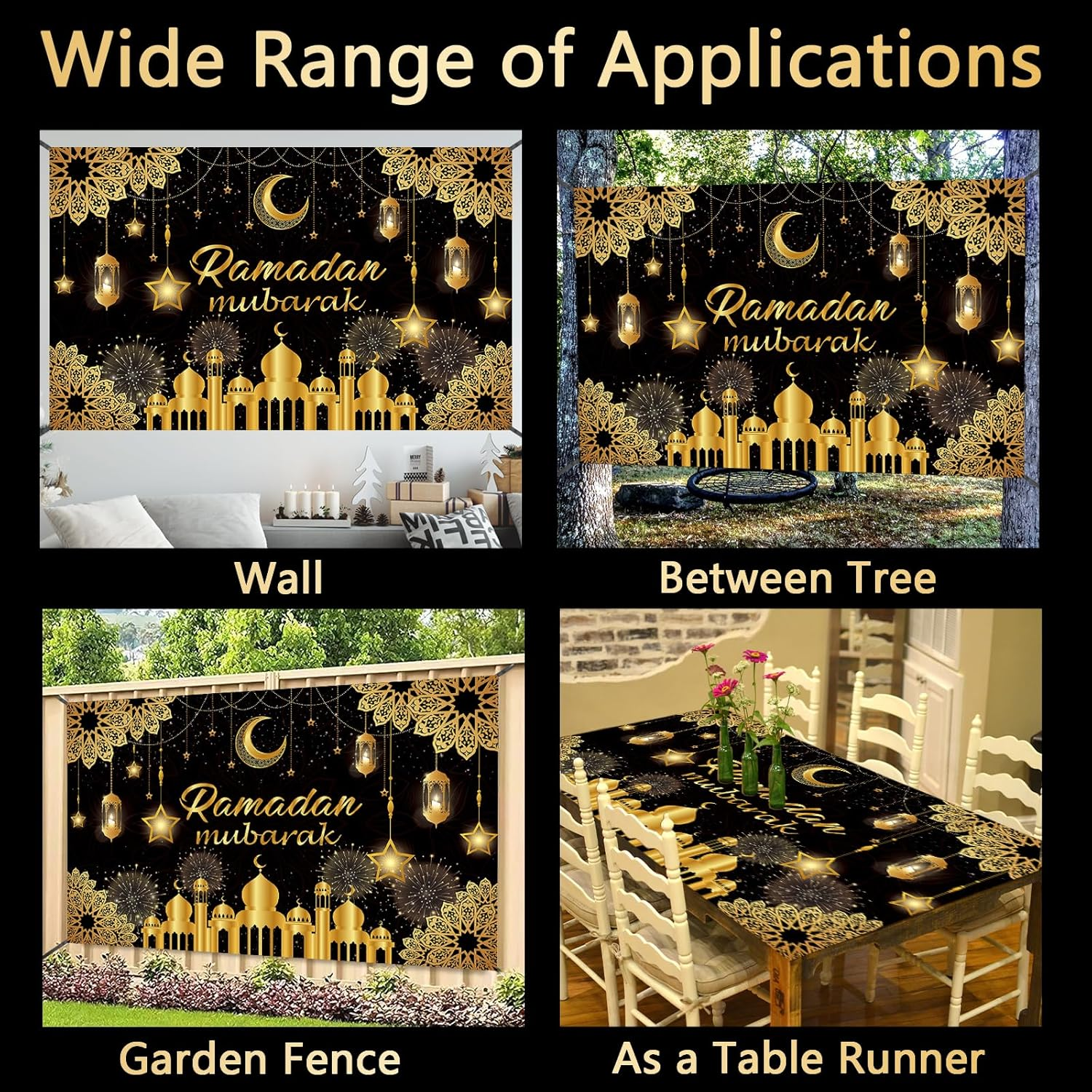 Ramadan Mubarak Banner 2025, Extra Large Fabric Eid Kareem Backdrop for Decorations, 72 X 44 Inch Star Moon Lanterns Castles Photo Booth Background for Islamic Muslim Al-Fitr Party Supplies image number 4