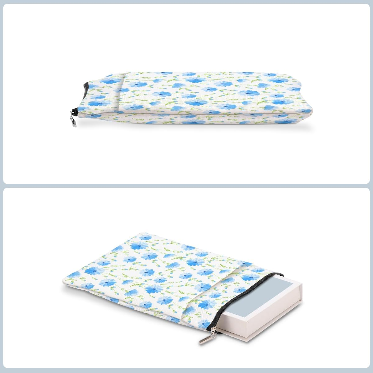 Blue Flowers Pattern Book Lovers Gifts Waterproof Book Sleeve Book Pouch Book Protector with Zipper and Front Pocket Bookcover Case for Women Best Friend Sister Book Accessories Book Club Gifts