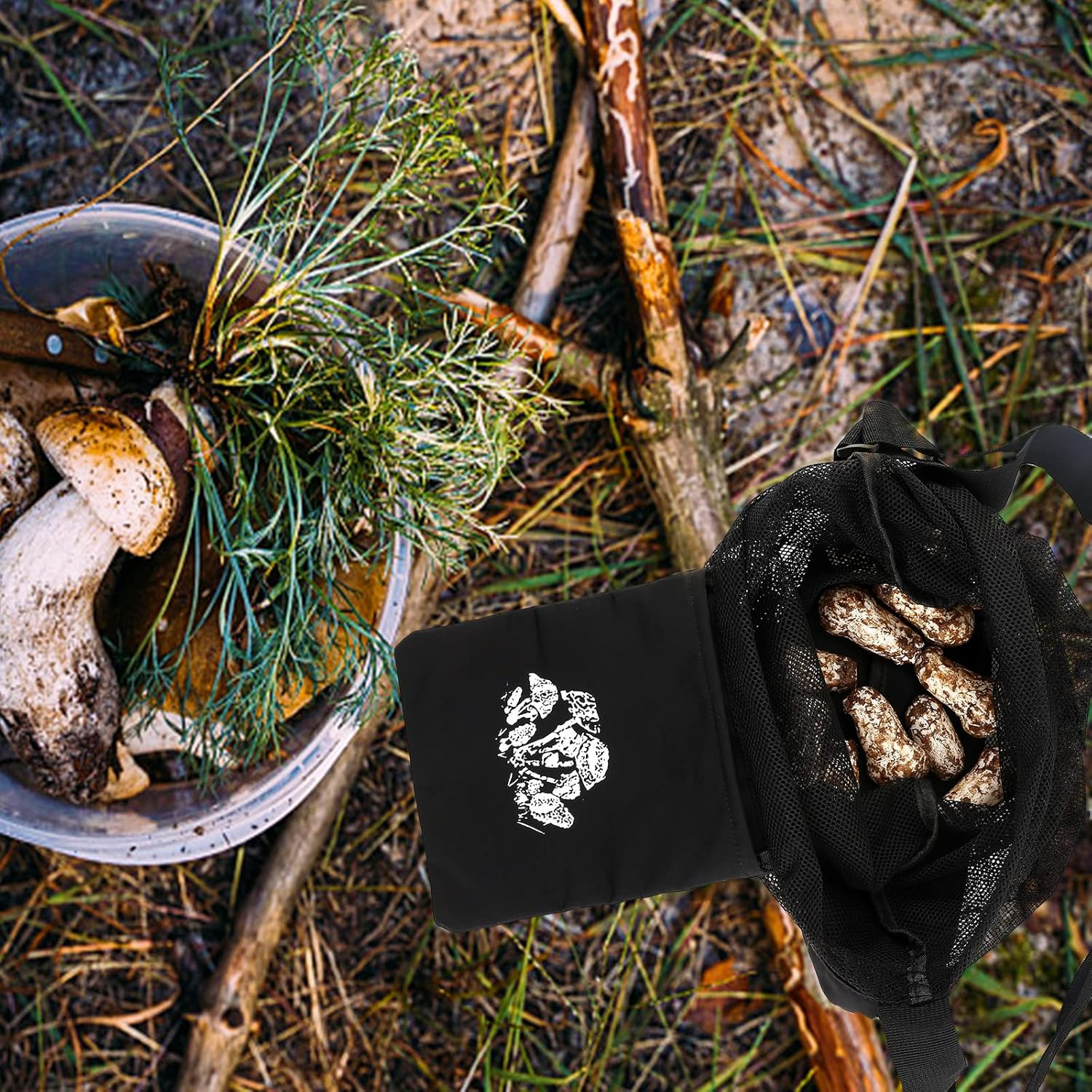 Mushroom Picking Bag - Adjustable Mesh Harvesting Pouch with Collapsible Basket, Crossbody Mushroom Hunting Bag for Outdoor Hiking Camping, Fruit Vegetable Picking (Black) image number 4