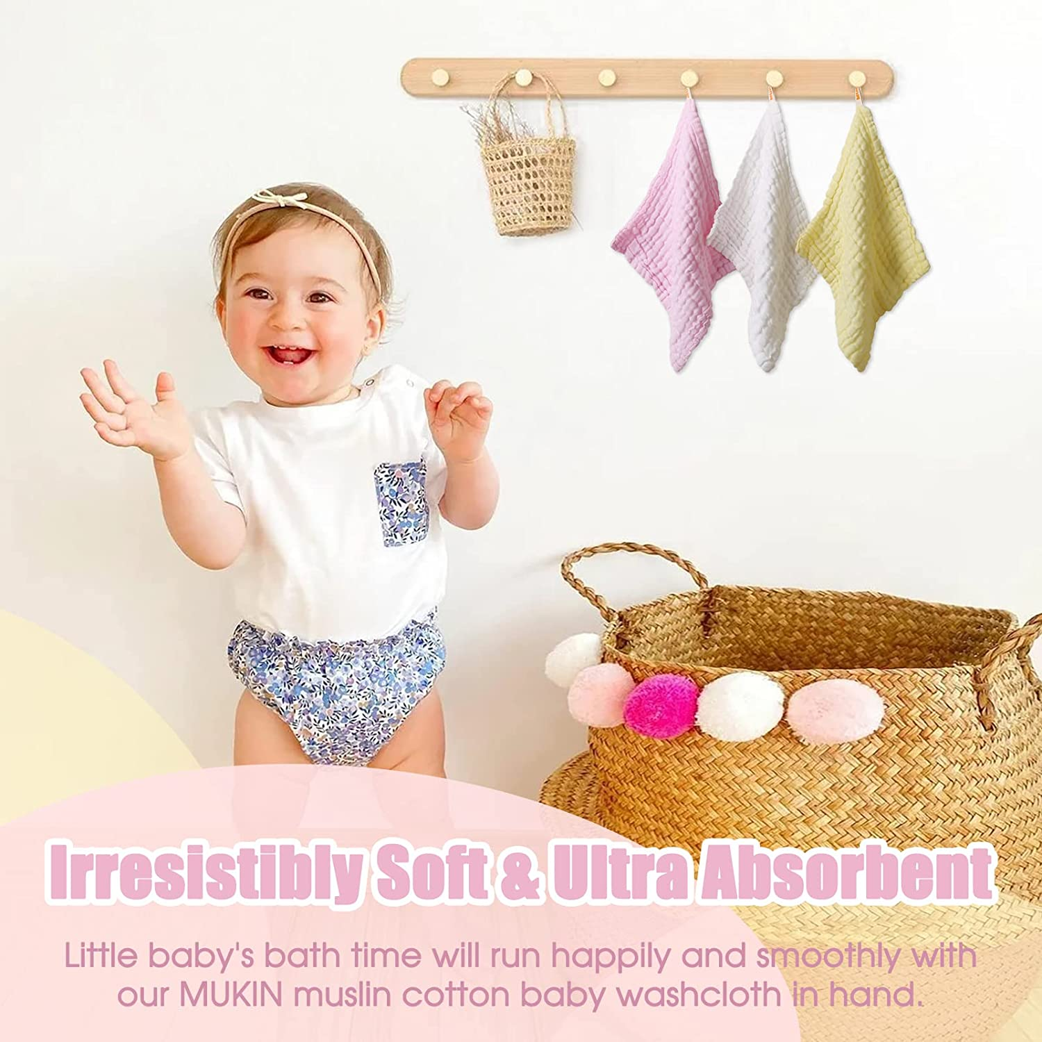 MUKIN Baby Washcloths - Natural Cotton Baby Wipes - Soft Newborn Baby Face Towel for Sensitive Skin- Baby Registry as Shower, 10 Pack 12X12 Inches (Pink,Yellow,White) - Pink,Yellow,White image number 6