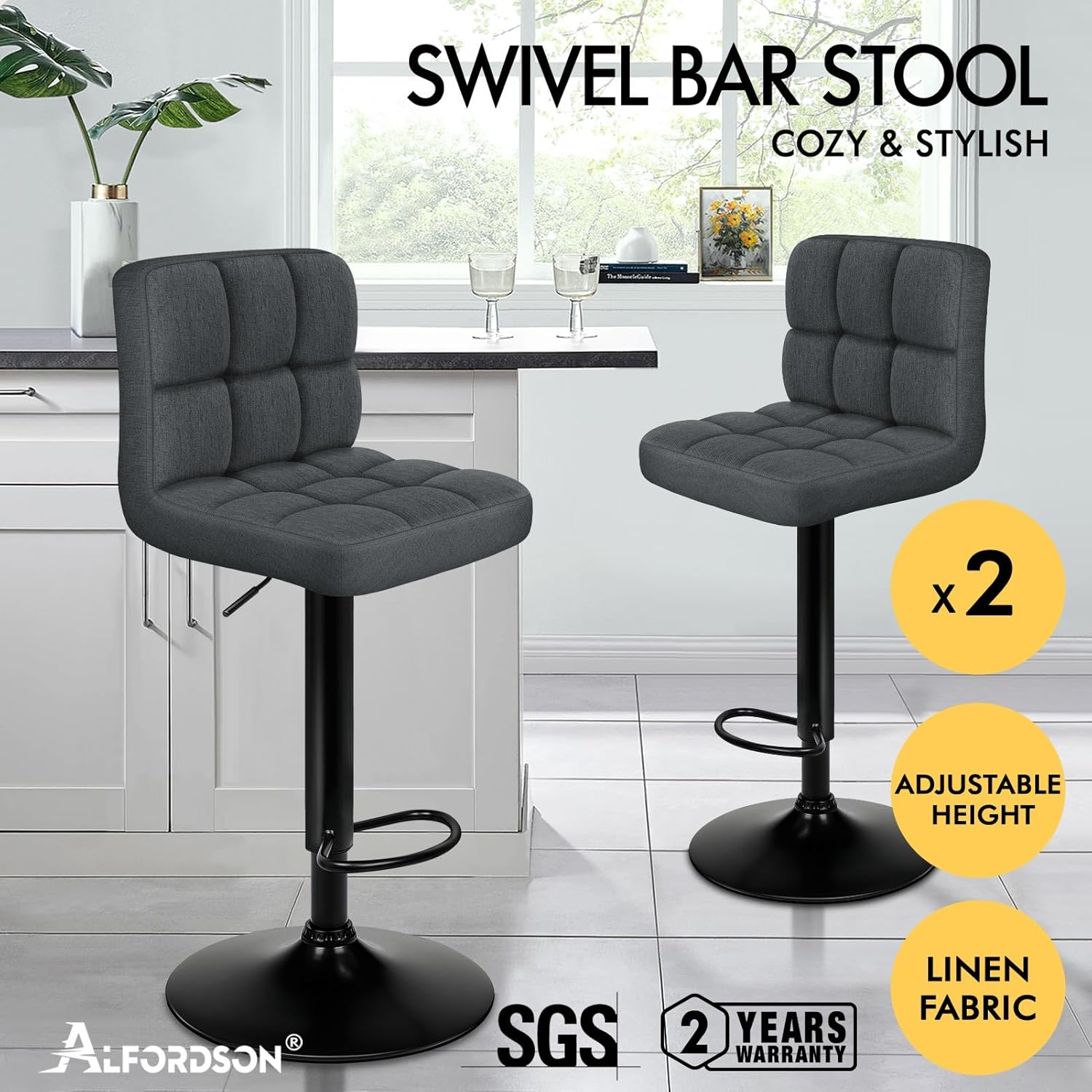 ALFORDSON Bar Stool Set of 2 Adjustable Kitchen Stools Ralph Swivel Counter Barstools Fabric Dining Chair in 62-83Cm Seat Height with Floor Protector for Home Bar Dining Room (Dark Grey) image number 3
