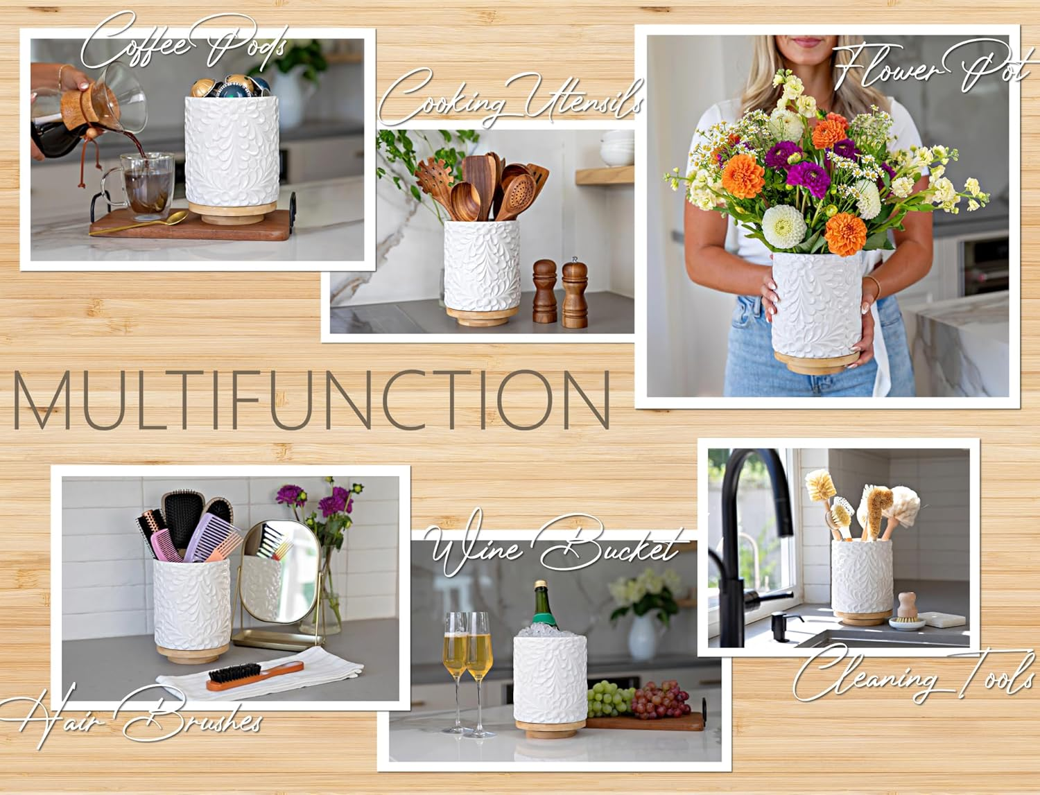 Extra Large 360&deg; Rotating Utensil Holder for Kitchen Counter, 8.3&rdquo; Cooking Utensil Holder for Countertop with Bamboo Base, White Ceramic Utensil Crock Canister for Cooking Utensils - Engraved Design image number 5