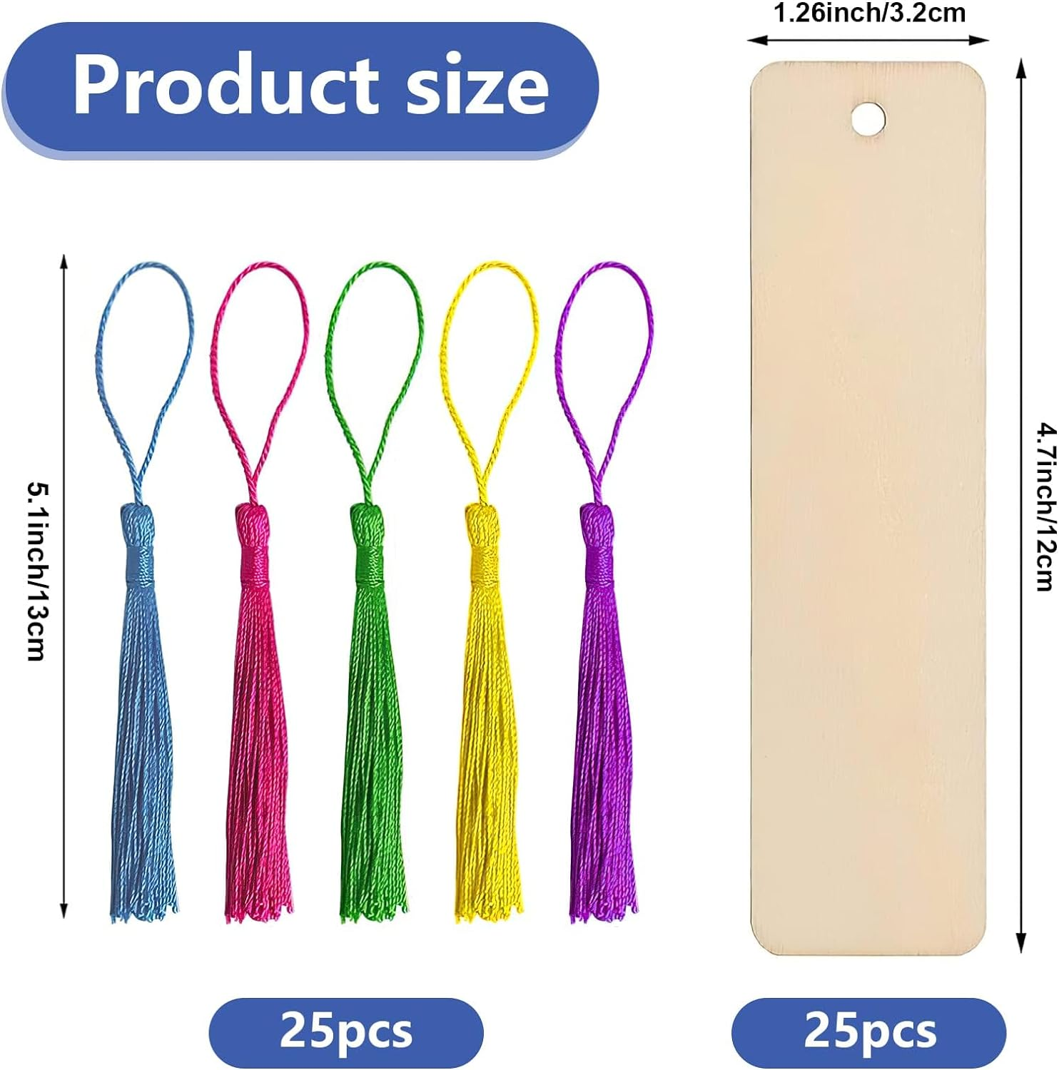 Wooden Bookmarks, 25 Pcs Blank with Holes and 25 Colorful Tassels - Gift Tags for Men, Women, Kids, Book Lovers, Engraving, Crafts