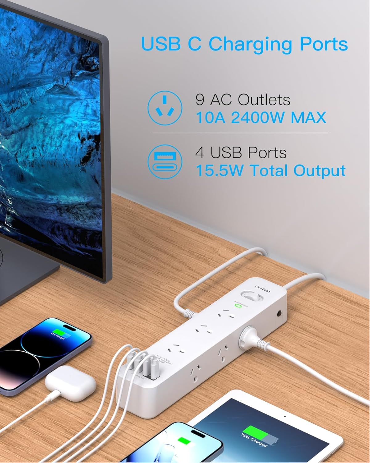 One Beat Surge Protected Power Board with 9 AC Outlets & 4 USB Ports (2&times;USB-C), USB Power Board with 1.8M Extension Cord, 900J Surge Protector,Wall Mount for Office, Dorm, Home Essentials image number 2