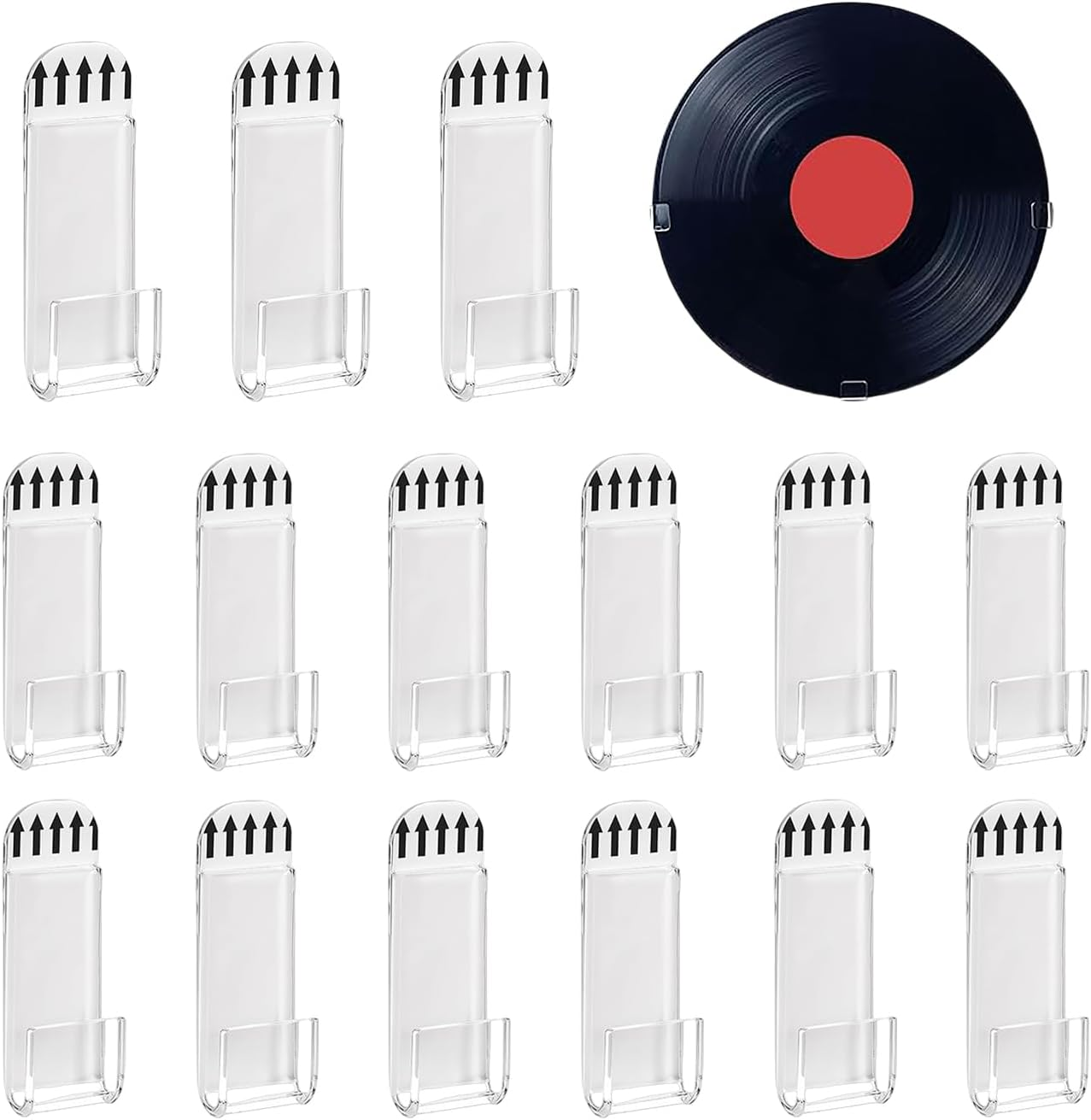 Sgphrzlt 15 Pack Vinyl Record Storage Holder Wall Mount, Self-Adhesive Wall Record Display Shelf Hooks, No Screw Removable Acrylic CD Album Hangers for Home Office Decoration, Clear