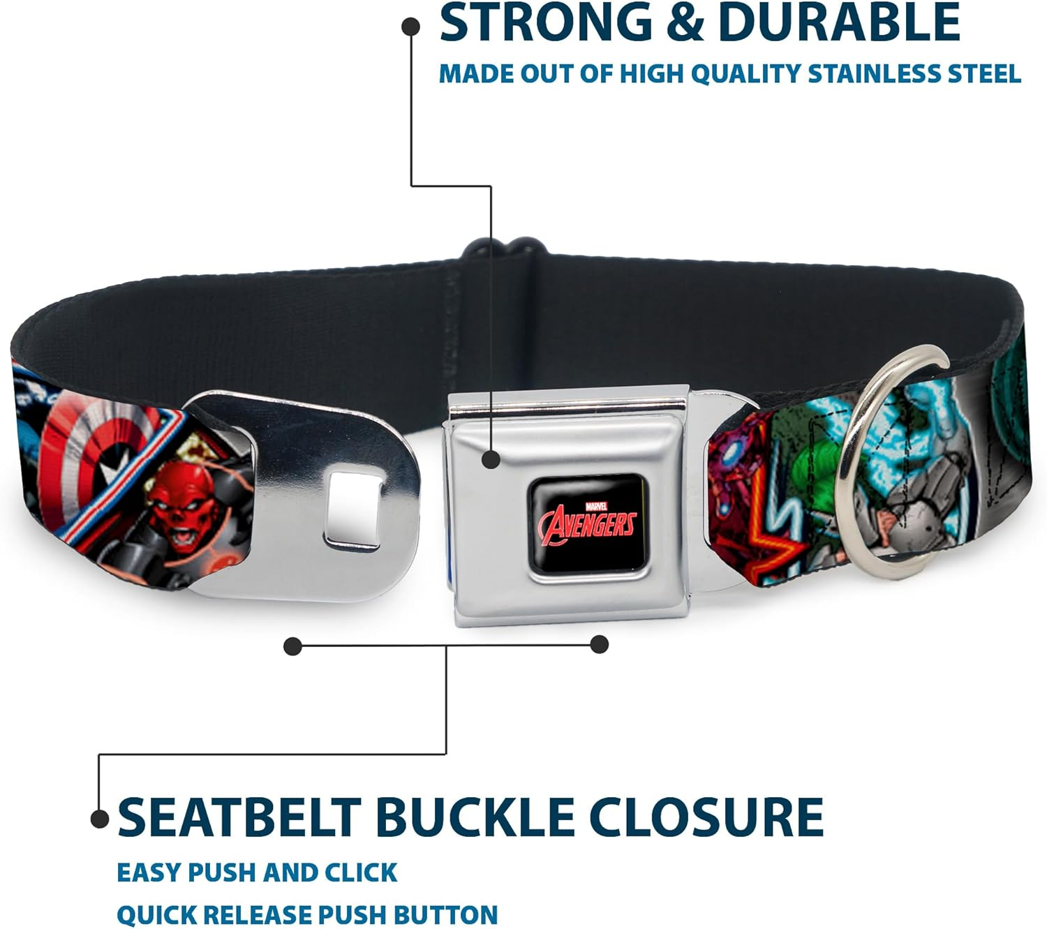 Buckle-Down Seatbelt Buckle Dog Collar - Marvel Avengers Superhero/Villain Poses - 1" Wide - Fits 11-17" Neck - Medium