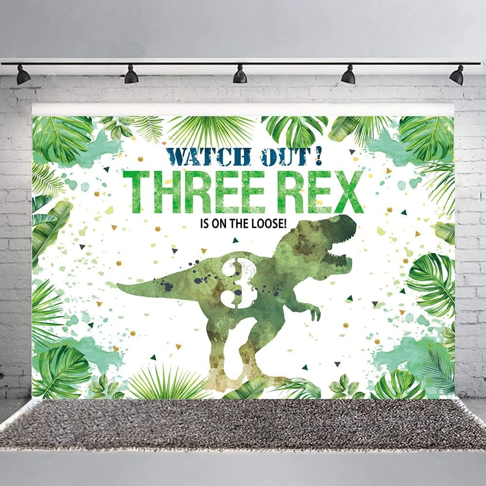 Hilioens 7&times;5Ft Three-Rex Birthday Backdrop for Boys Dinosaur 3Rd Birthday Green Leaf Background 3 Years Old Dinosaur Theme Party Banner Decorations image number 1