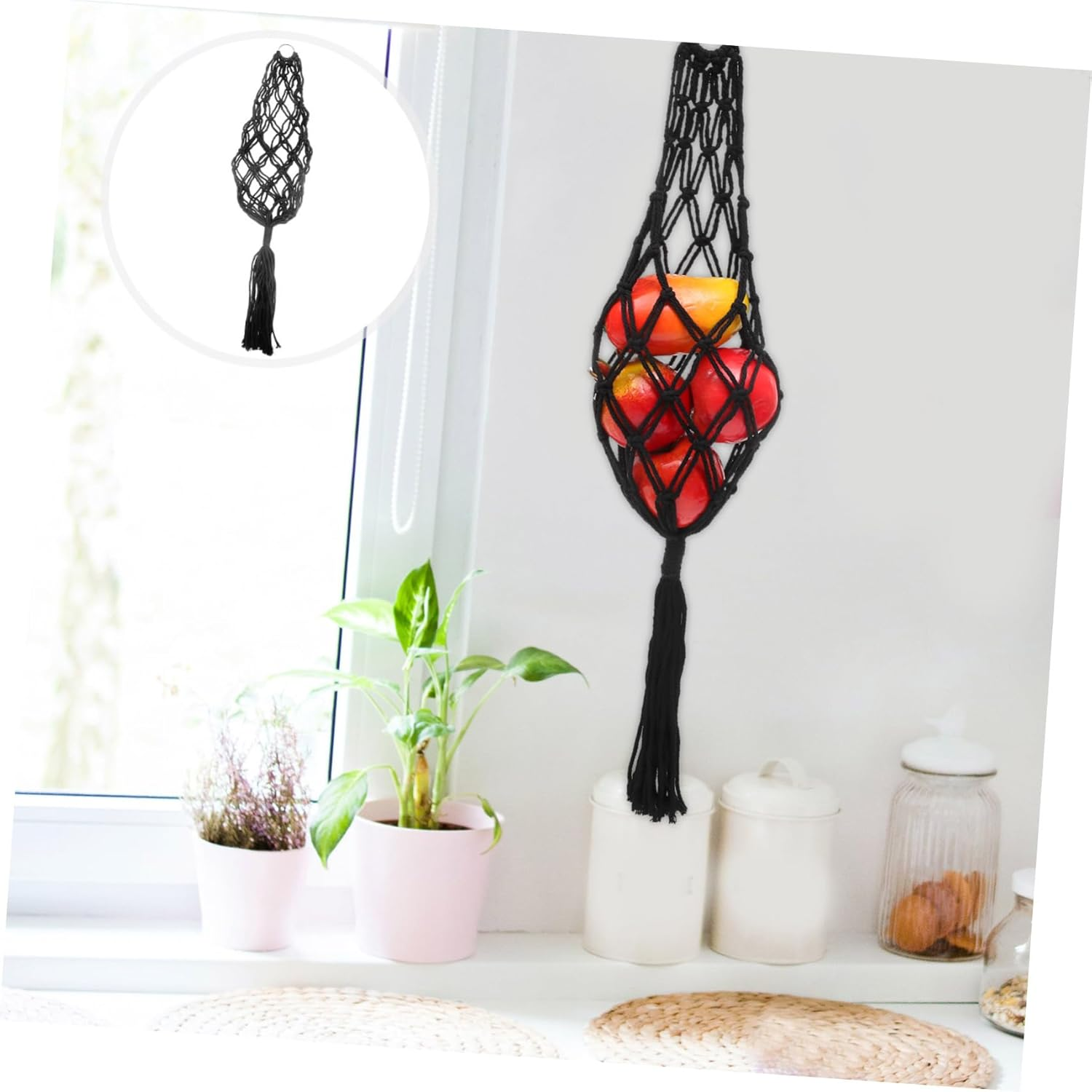 OKUMEYR Hanging Kitchen Fruit Basket and Vegetable Holder, Black Mesh Storage Net, Sturdy Kitchen Organizer for Fruits, Onions, and Vegetables, Space-Saving Hanging Basket for Home