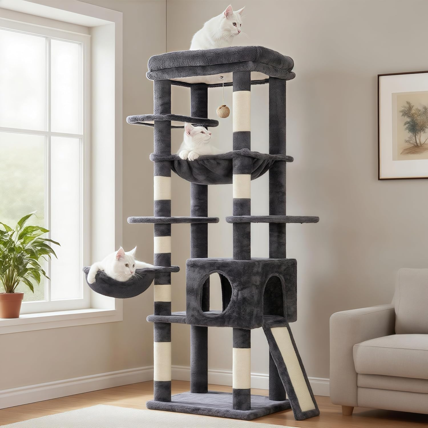 Hey-Brother Cat Tree with Large Top Perch and Hammock, 150 Cm Multi-Level Cat Tower for Indoor Cats, Cat Condo with Sisal-Covered Scratching Posts, Smoky Gray MPJ057G image number 5