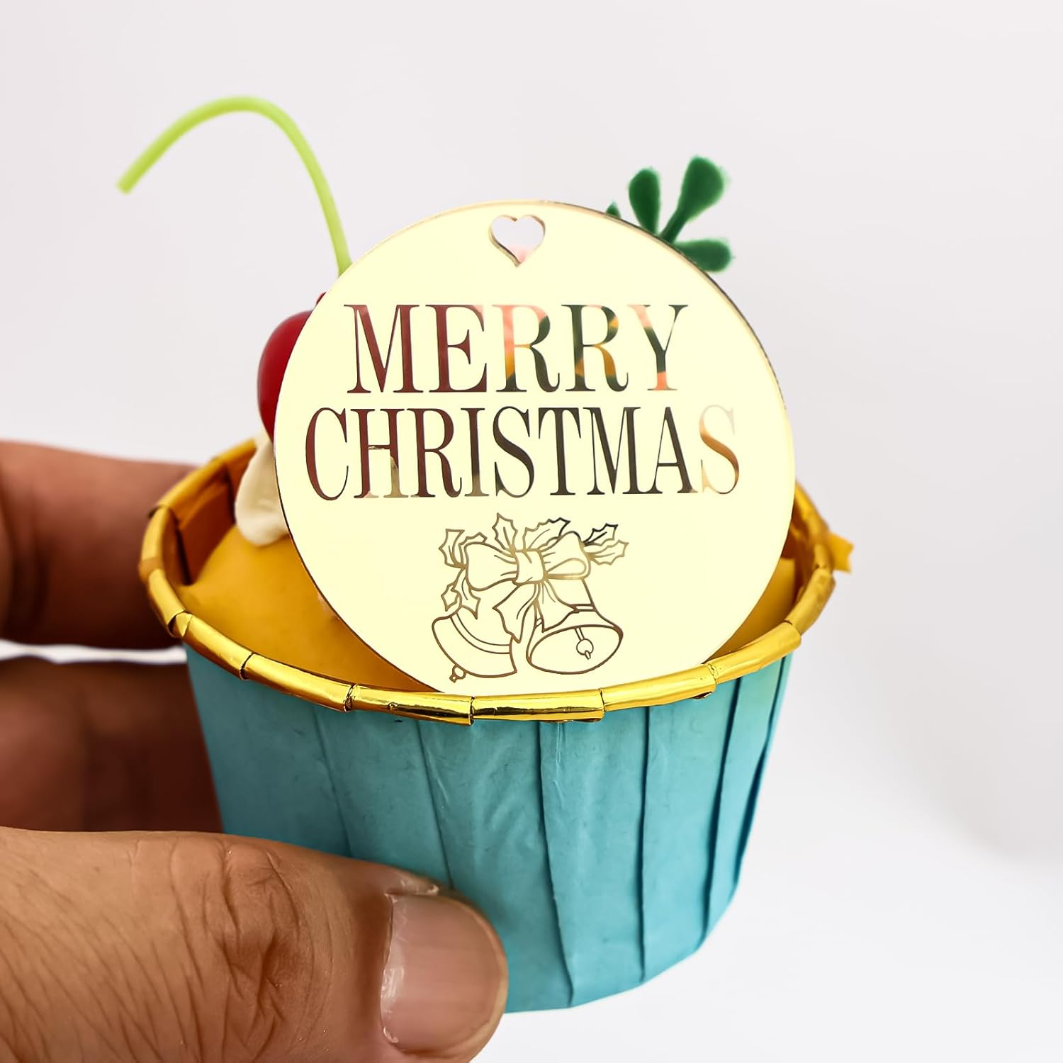 3 LITTLE DESSERTS Engraved Acrylic Cupcake Toppers - Set of 6 - Christmas Cupcake Toppers - Reusable Cupcake Discs - Christmas Cake Toppers - Christmas Party Decorations - Bell Christmas - Gold.. image number 4