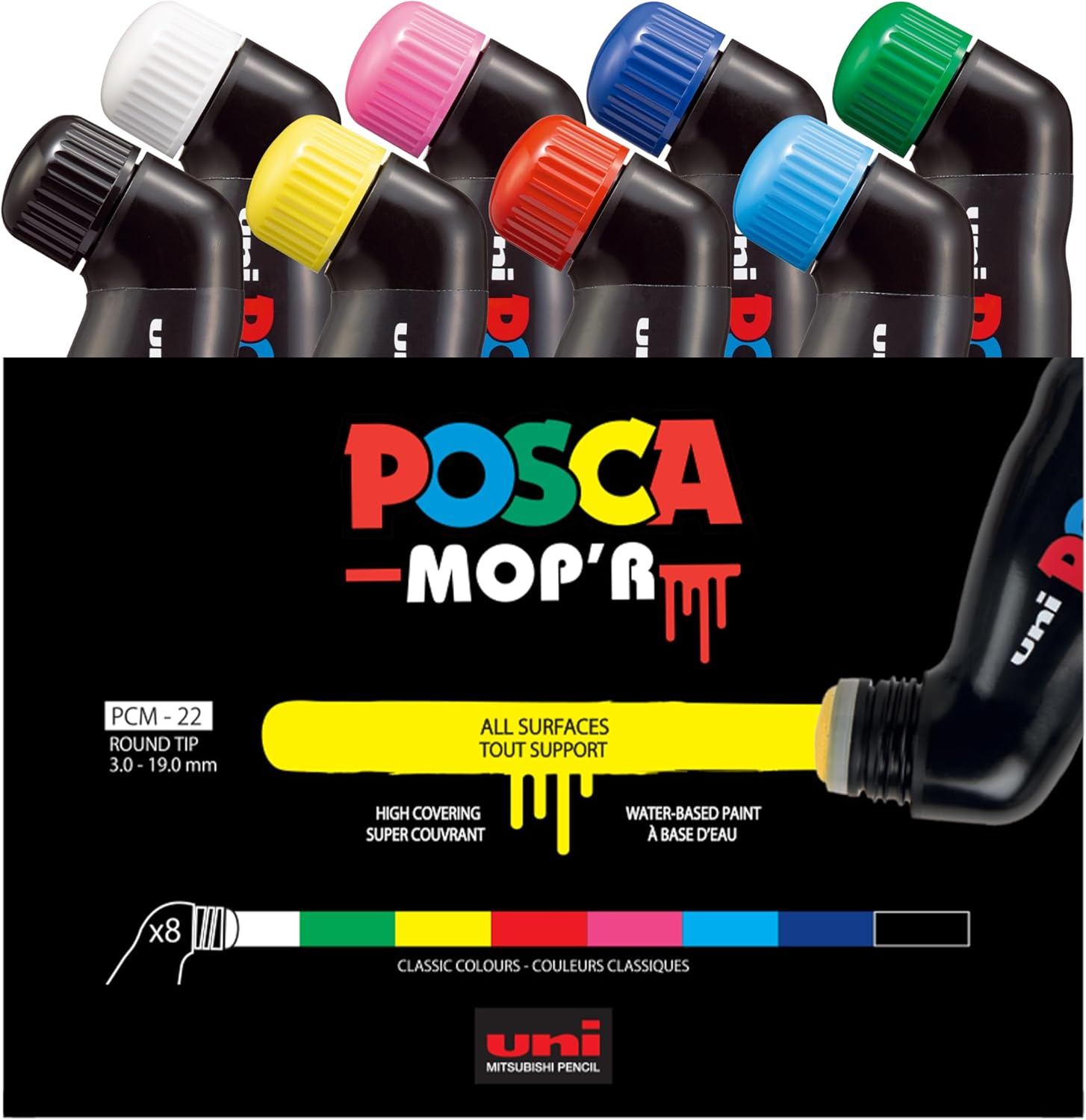 POSCA MOP&rsquo;R PCM-22 Water Based Permanent Paint Markers. round Tip for Art & Crafts. Multi Surface Use on Wood Metal Paper Canvas Cardboard Glass Fabric Ceramic Rock Stone Pebble Porcelain. Box of 8