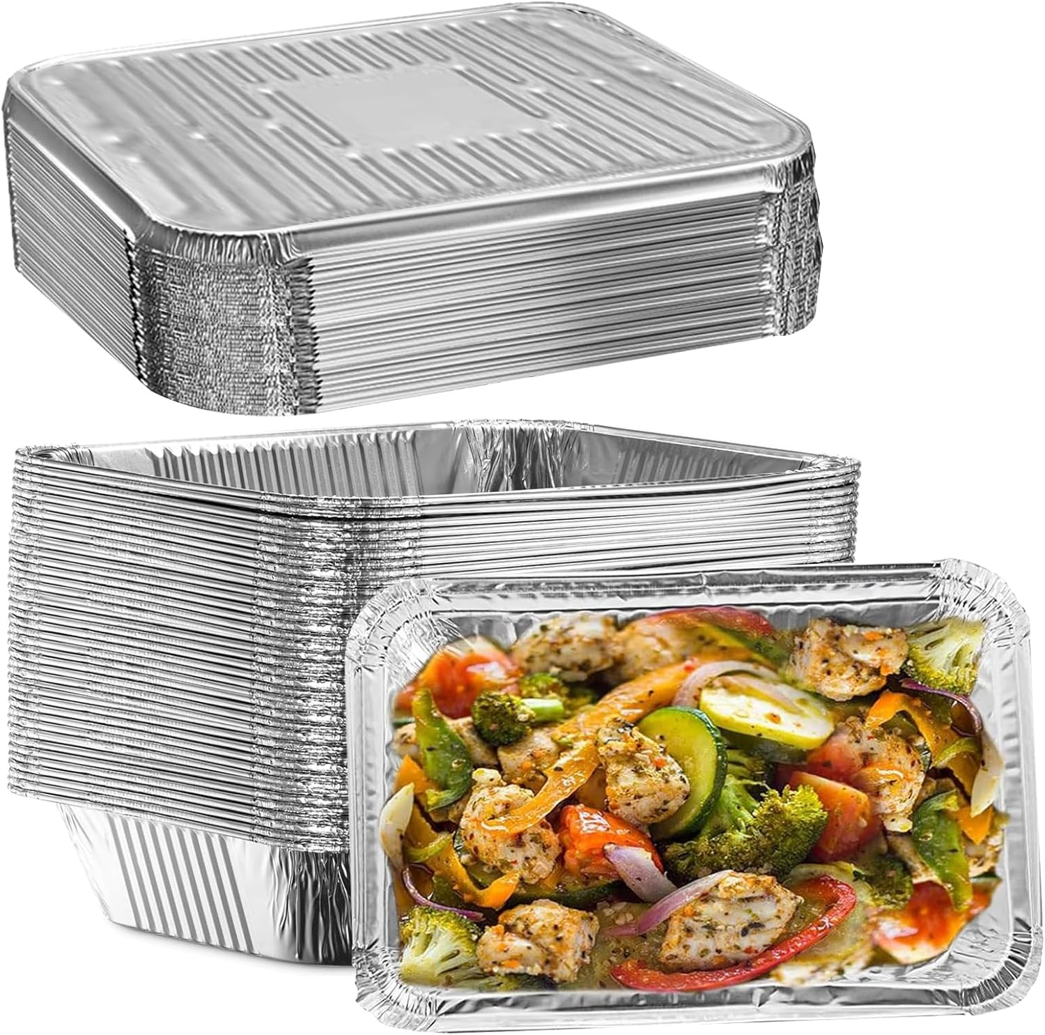 50 Pack Foil Trays with Lid 670ML/EA, 20X11X5.5Cm Aluminum Foil Pan Large Capacity Foil Food Containers Tin Foil Takeaway Box BBQ Oven Baking Pan for Cooking Heating Storing Meal Prep Freezer (670ML) image number 2