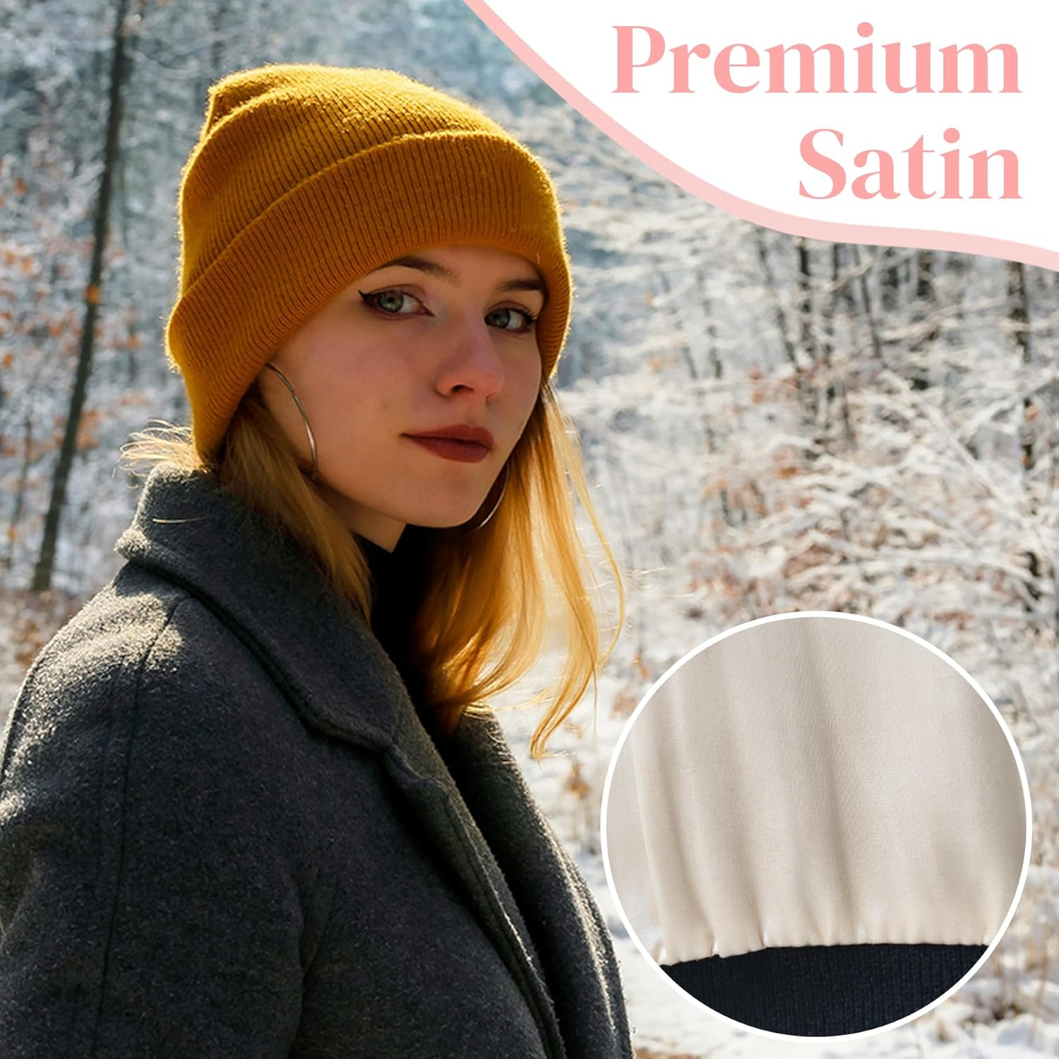 ANTI-REBOUNDUMBRE Satin Lined Beanie for Women Men Winter Hat Silk Lining Warm Cuffed Beanie Knit Hats image number 1